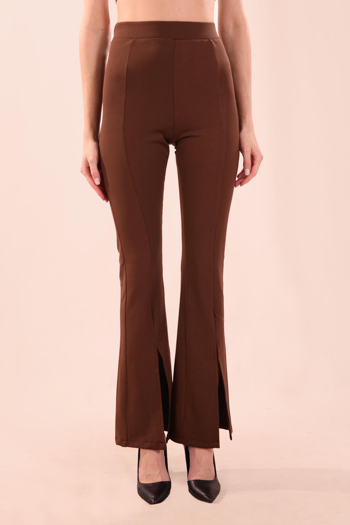 Kahve İspanyol Paça Yırtmaçlı Pantolon 6869A - 3