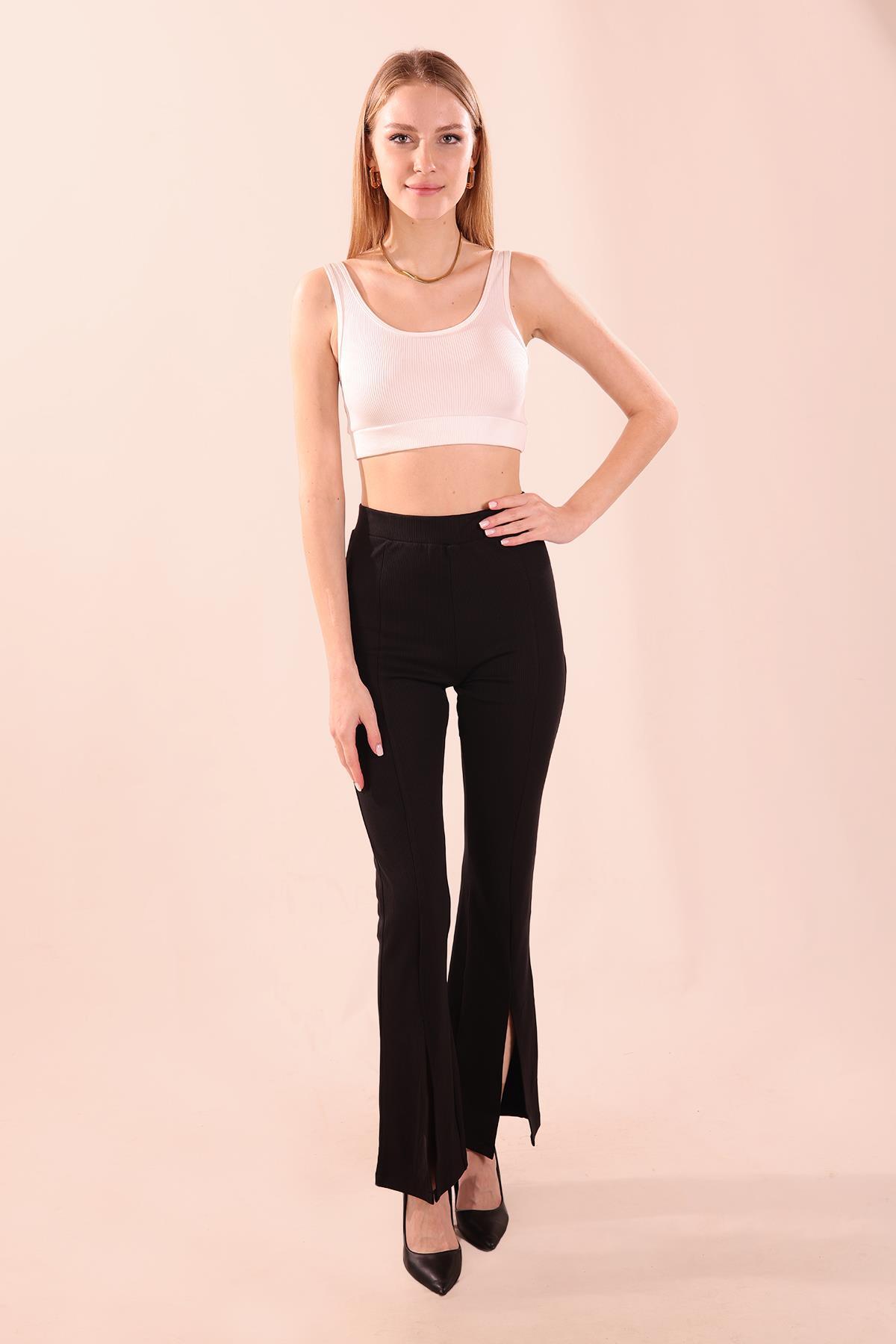 6869A İspanyol Paça Yırtmaçlı Pantolon Siyah - 2