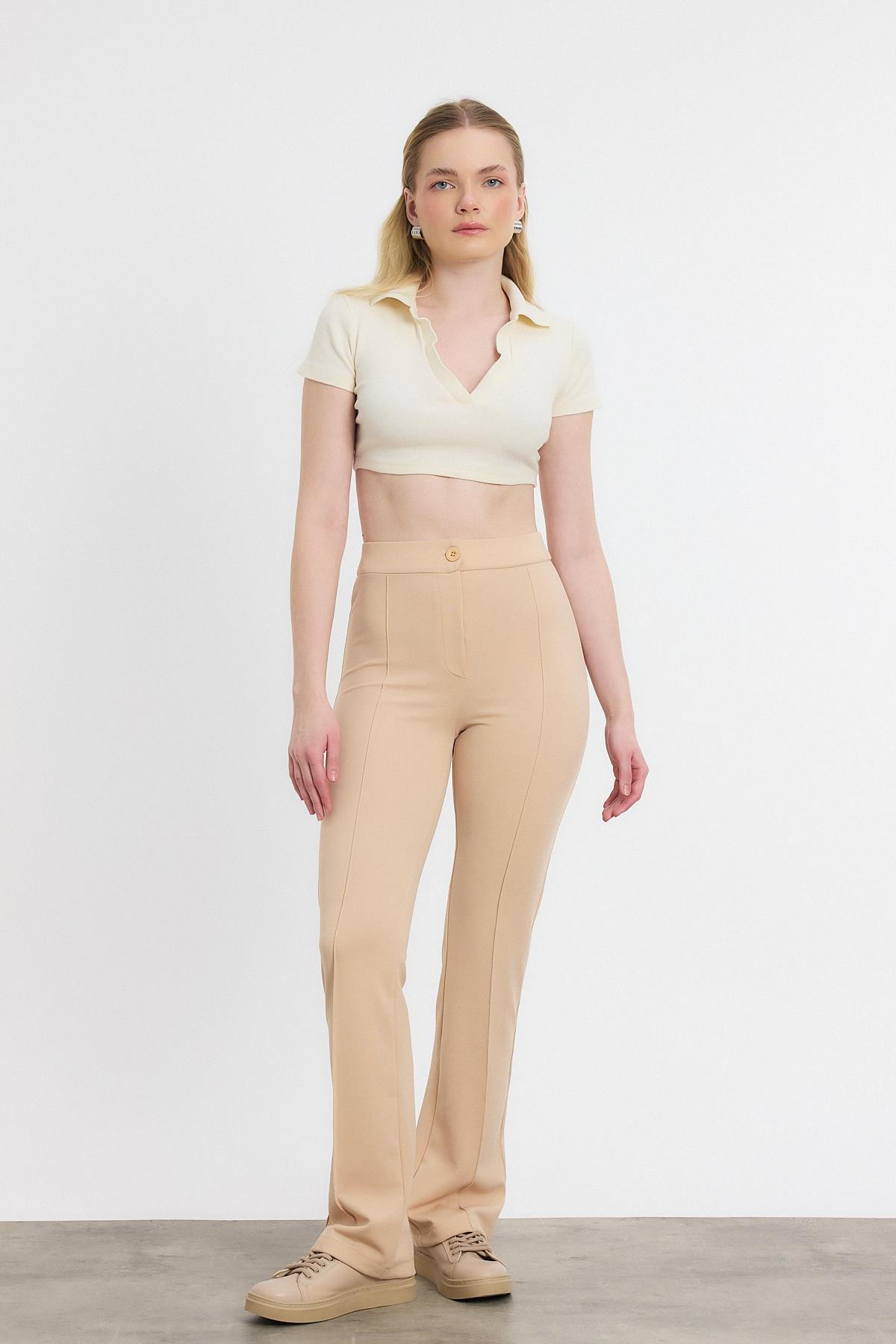 Straight/Düz Kesim Yüksek Bel Nervür Dikişli Örme Pantolon Bej 