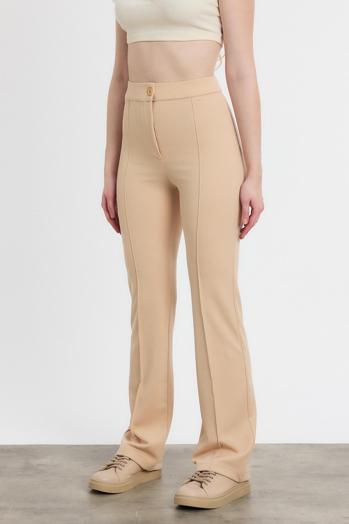 Straight/Düz Kesim Yüksek Bel Nervür Dikişli Örme Pantolon Bej - 3
