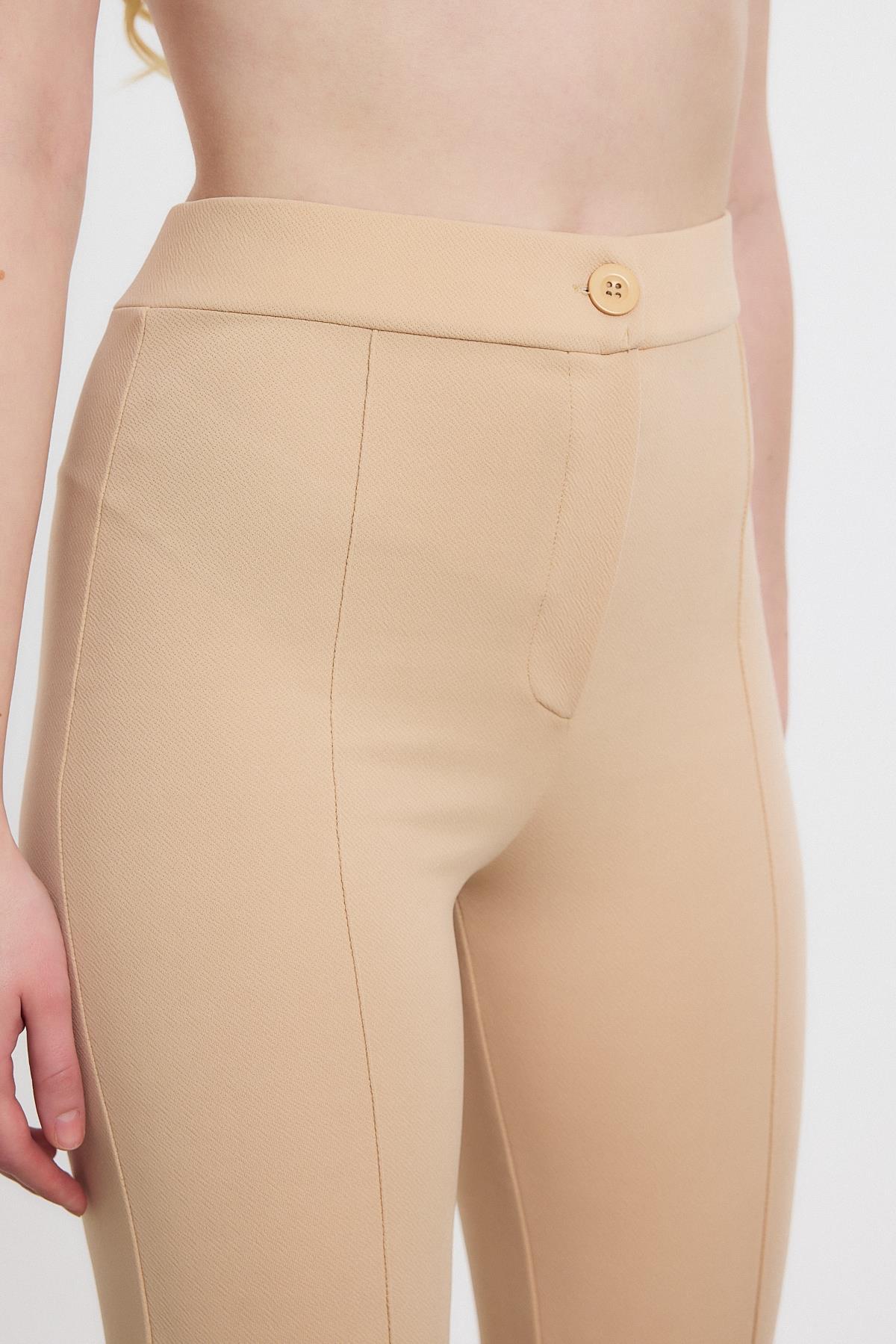 Straight/Düz Kesim Yüksek Bel Nervür Dikişli Örme Pantolon Bej - 4