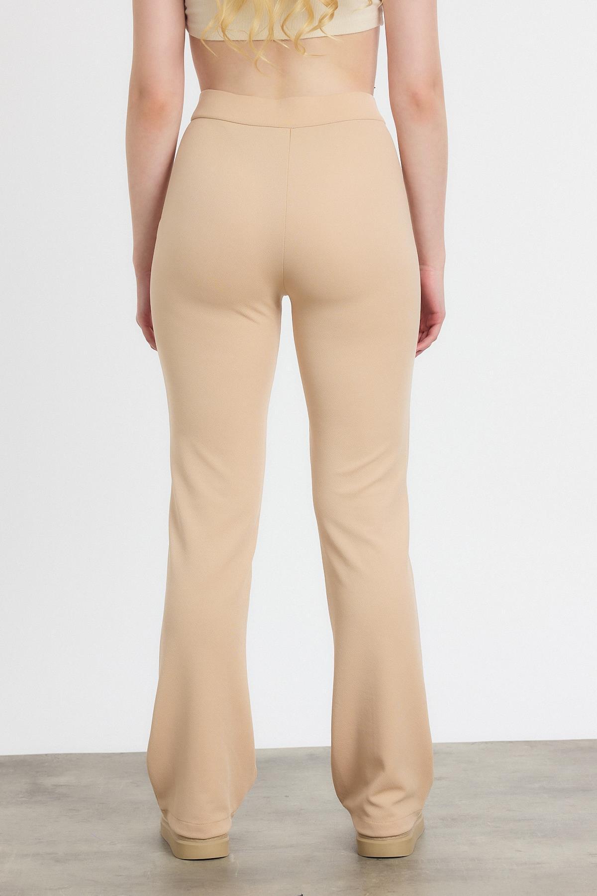 Straight/Düz Kesim Yüksek Bel Nervür Dikişli Örme Pantolon Bej - 5