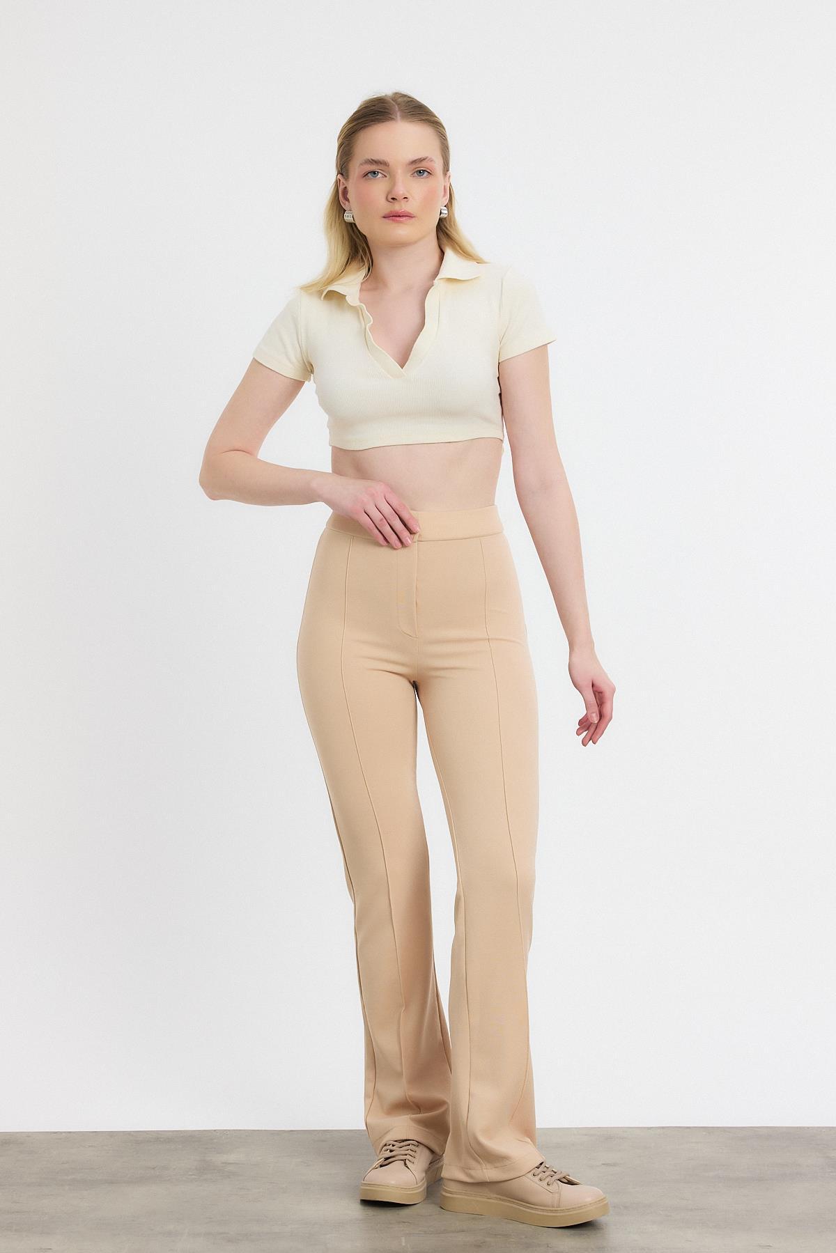 Straight/Düz Kesim Yüksek Bel Nervür Dikişli Örme Pantolon Bej - 6