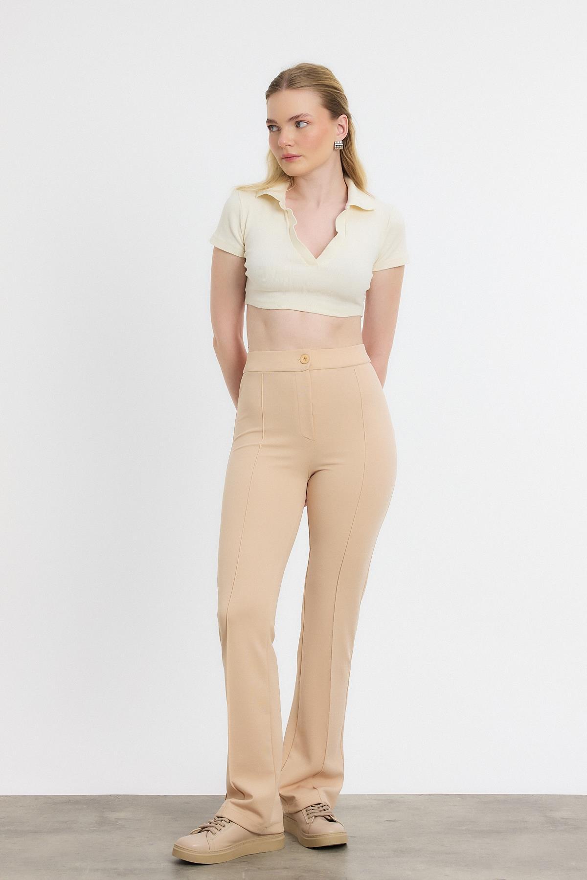 Straight/Düz Kesim Yüksek Bel Nervür Dikişli Örme Pantolon Bej - 7