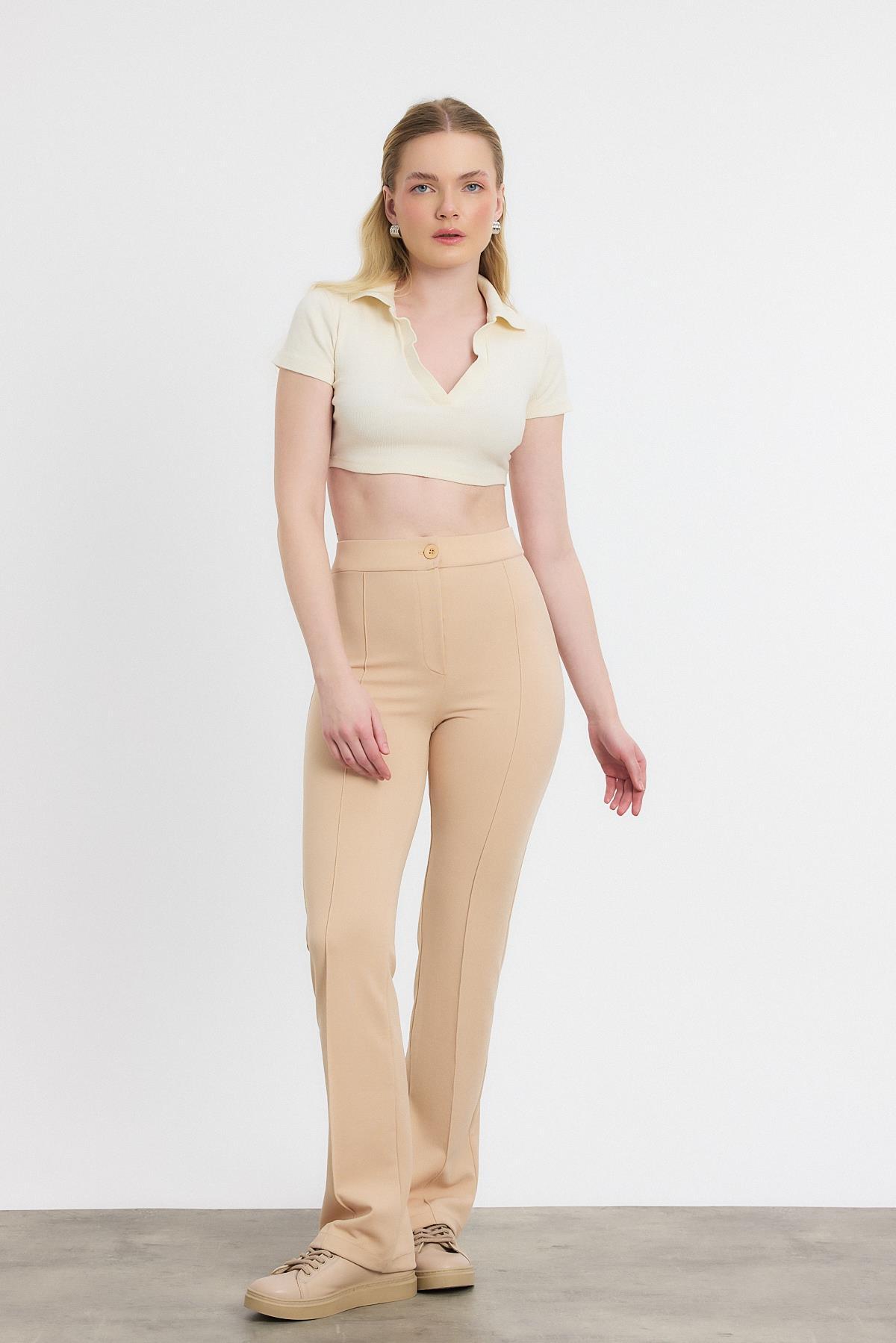 Straight/Düz Kesim Yüksek Bel Nervür Dikişli Örme Pantolon Bej - 8