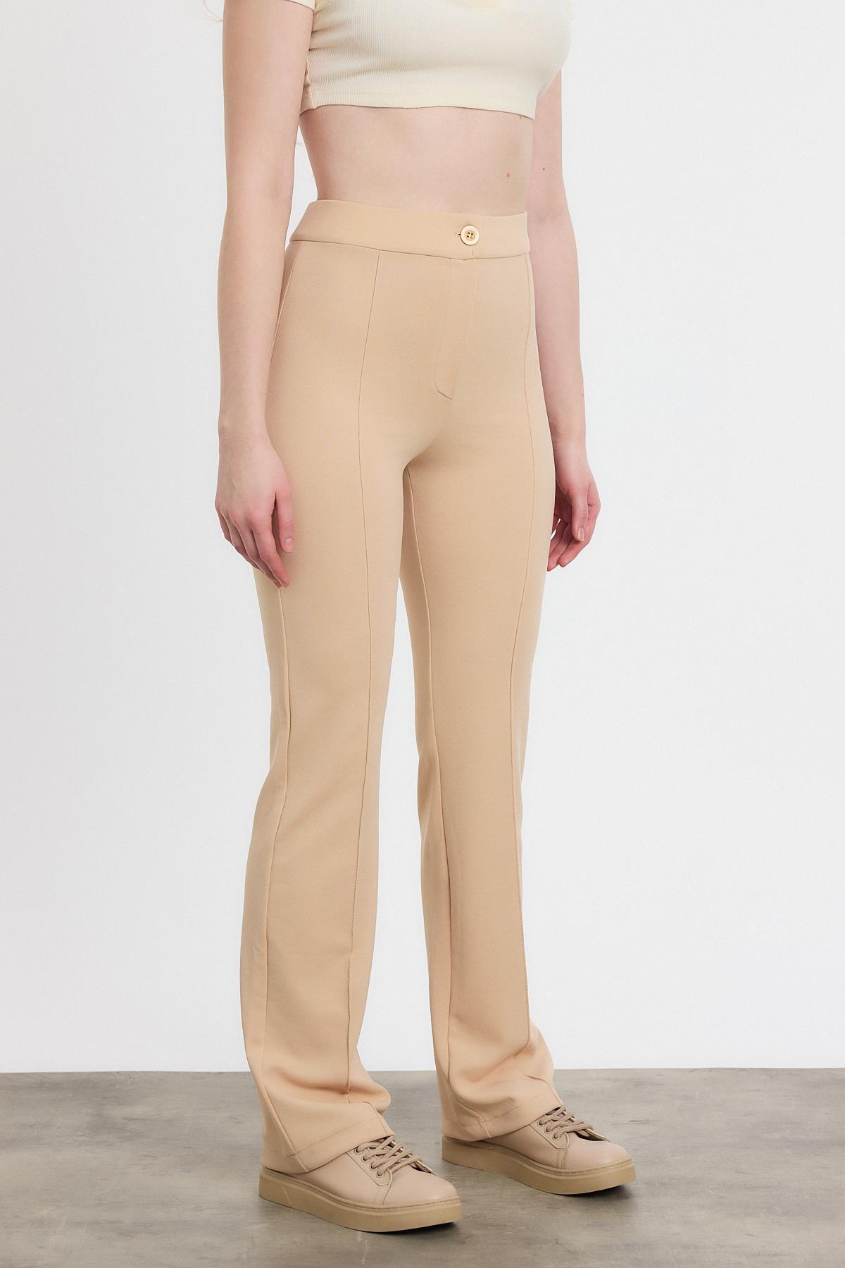 Bej Straight/Düz Kesim Yüksek Bel Nervür Dikişli Örme Pantolon 6873 - 2