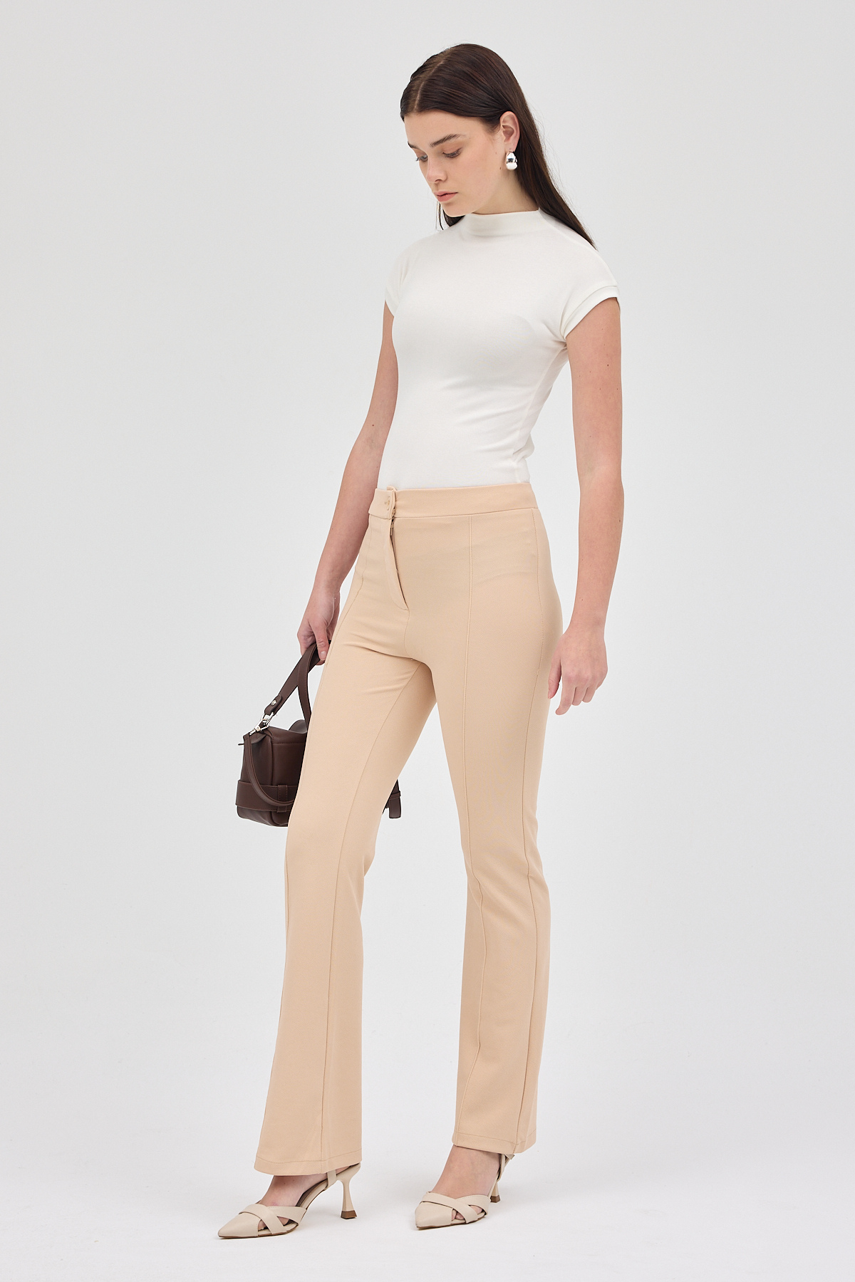 Bej Straight/Düz Kesim Yüksek Bel Nervür Dikişli Örme Pantolon TCR-6873A - 6
