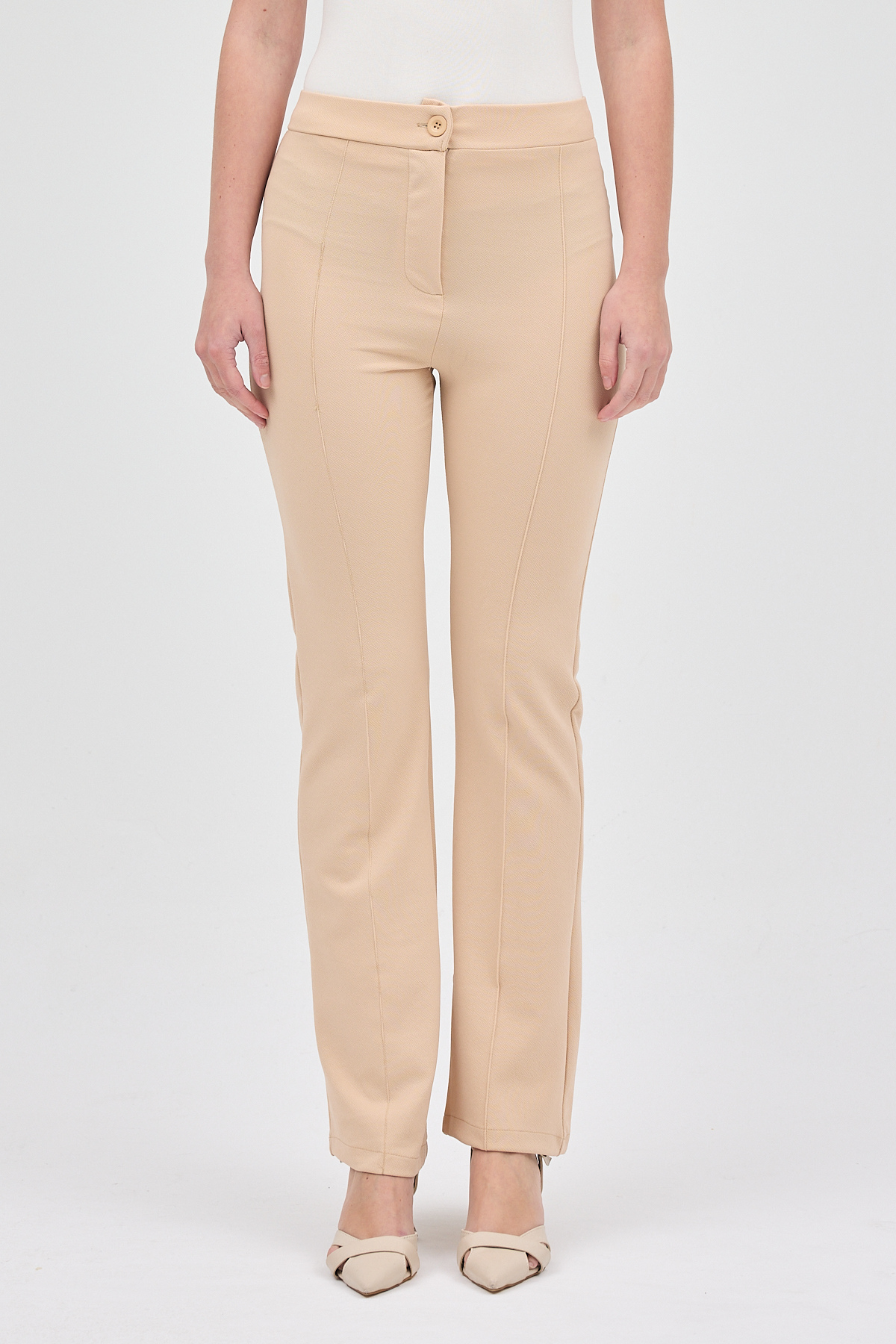 Bej Straight/Düz Kesim Yüksek Bel Nervür Dikişli Örme Pantolon TCR-6873A - RAYS