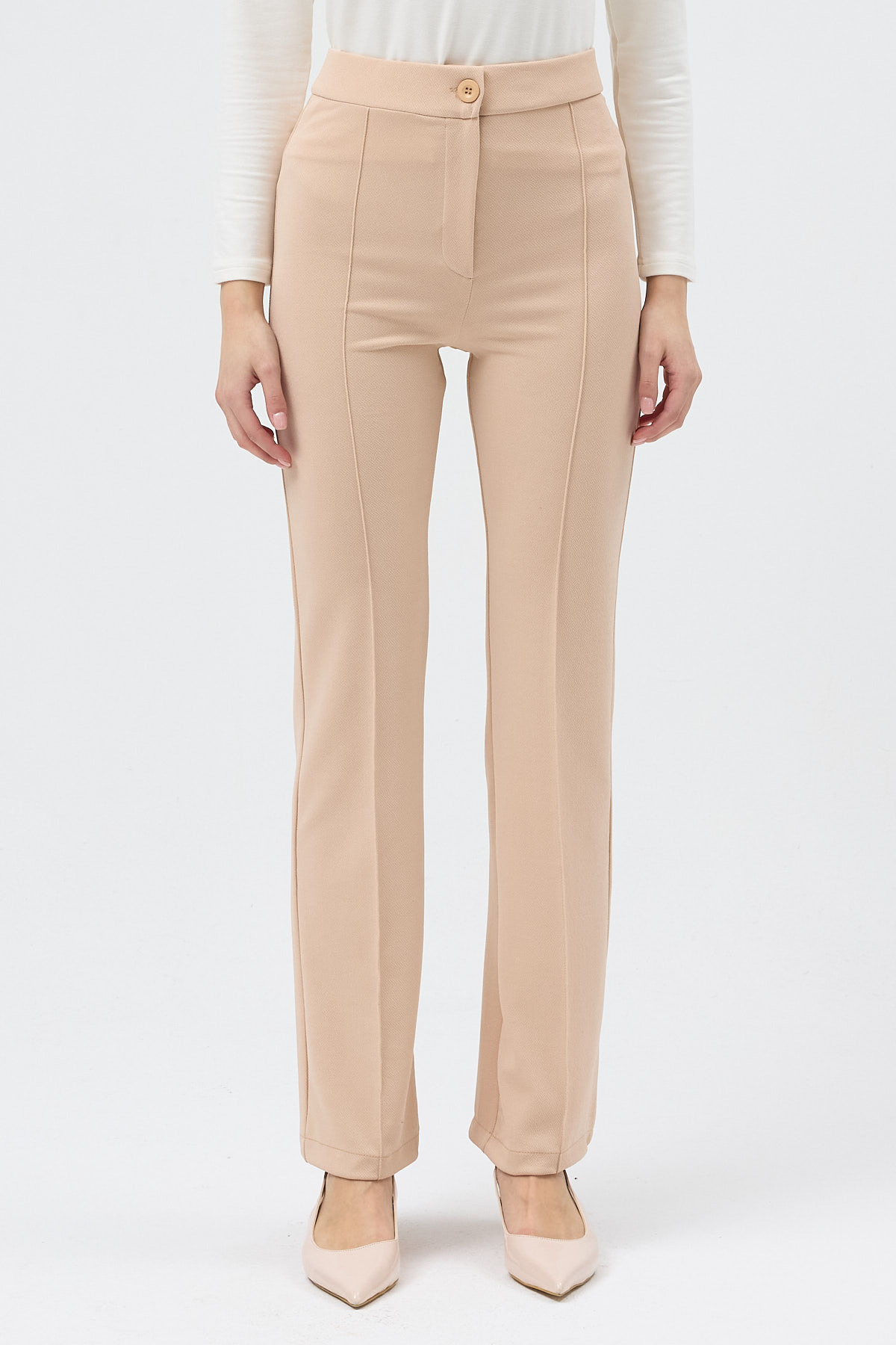 Bej Straight/Düz Kesim Yüksek Bel Nervür Dikişli Örme Pantolon TCR-6873A - 3