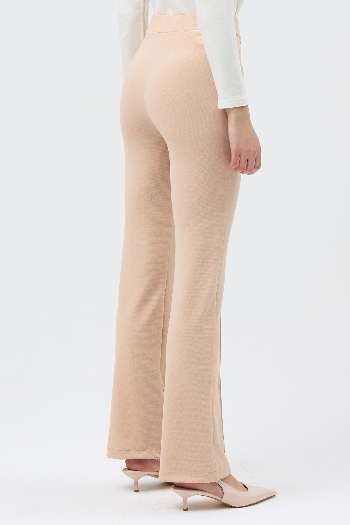 Bej Straight/Düz Kesim Yüksek Bel Nervür Dikişli Örme Pantolon TCR-6873A - 5