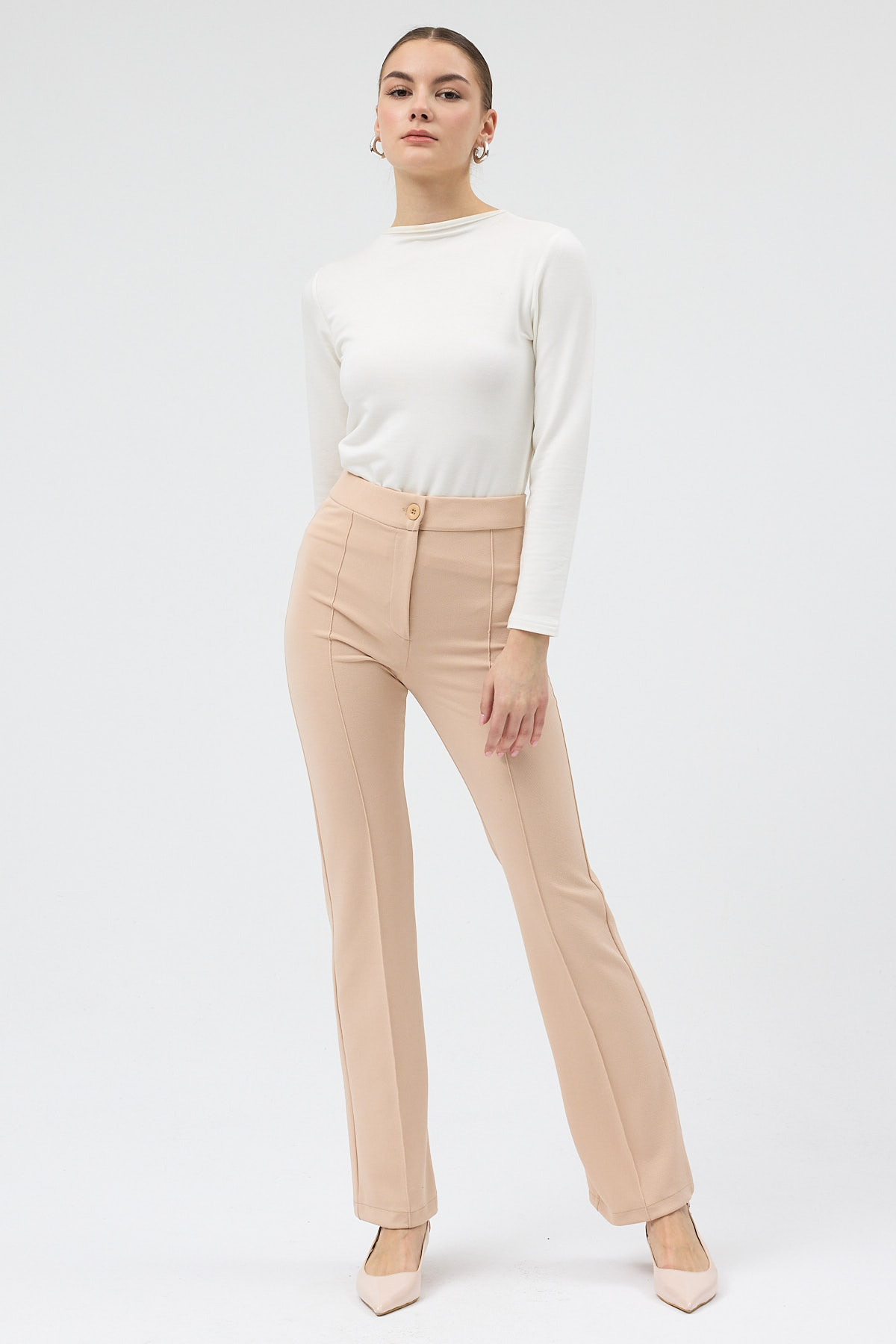 Bej Straight/Düz Kesim Yüksek Bel Nervür Dikişli Örme Pantolon TCR-6873A - 6