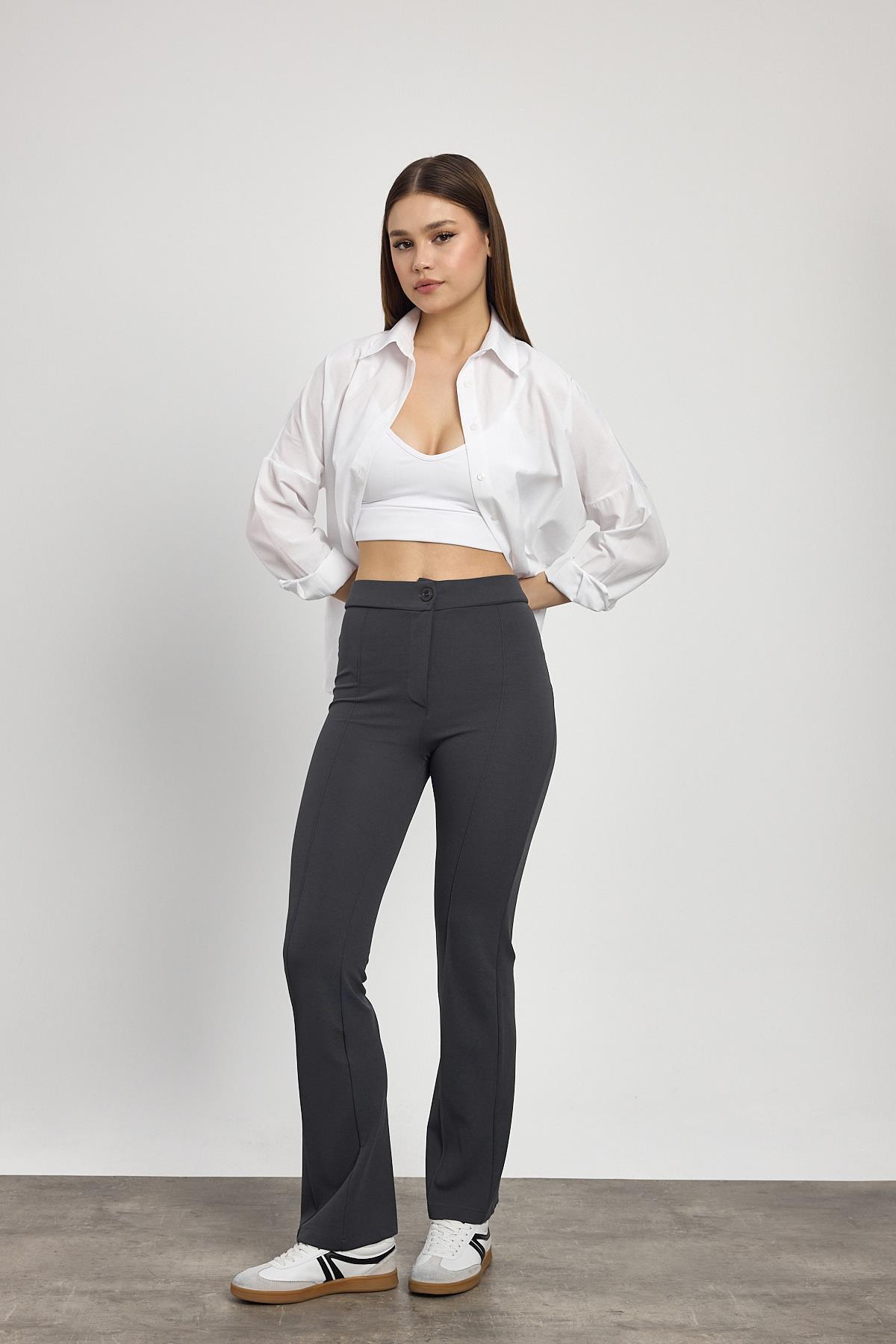 Straight/Düz Kesim Yüksek Bel Nervür Dikişli Örme Pantolon Füme 