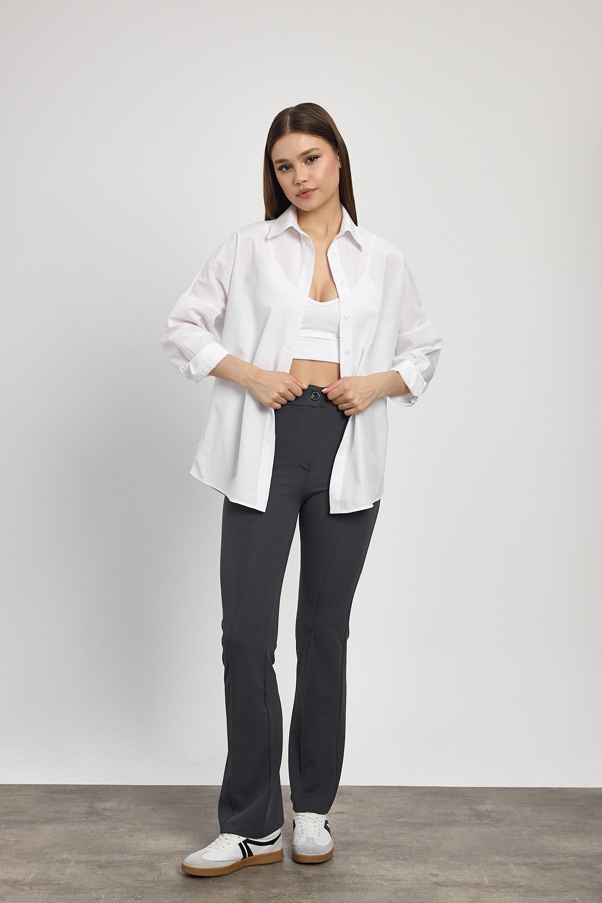 Straight/Düz Kesim Yüksek Bel Nervür Dikişli Örme Pantolon Füme - 2