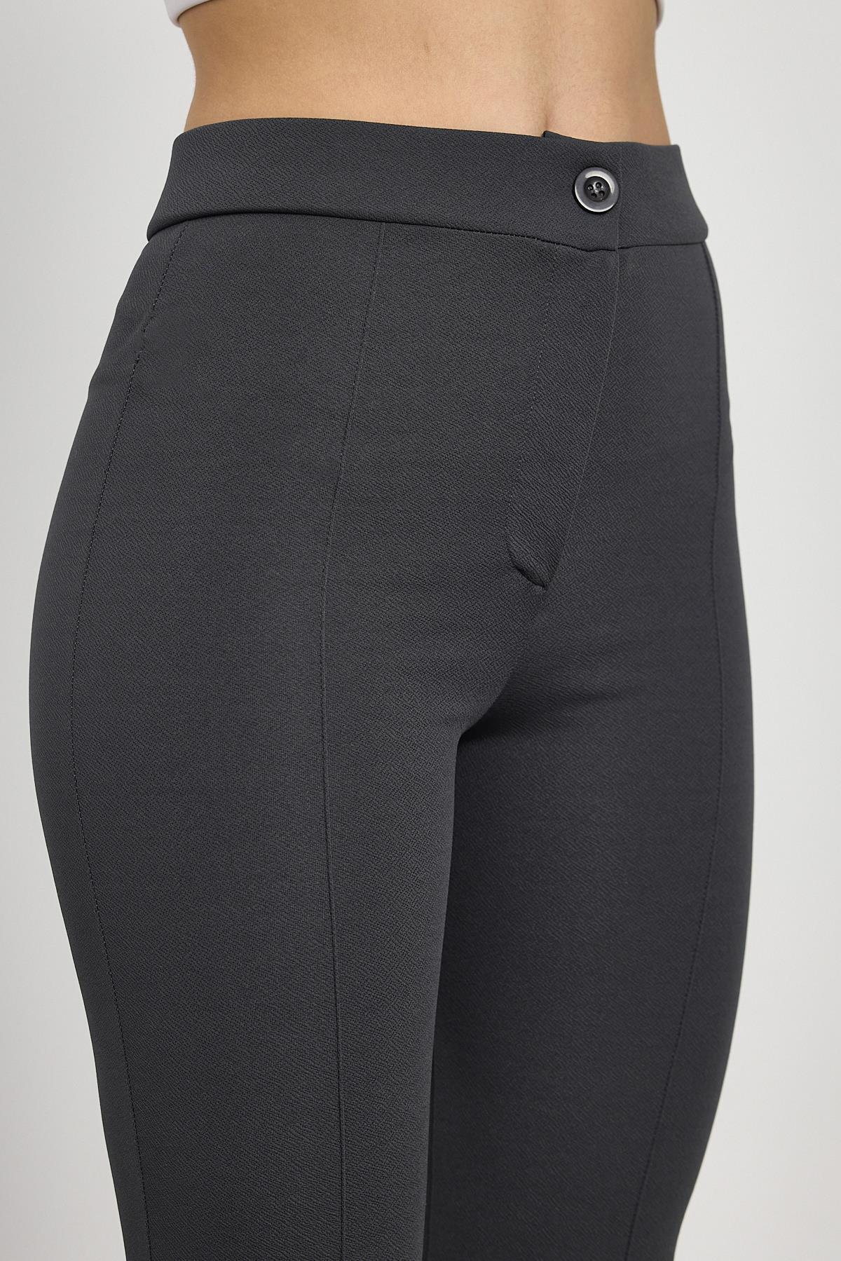 Straight/Düz Kesim Yüksek Bel Nervür Dikişli Örme Pantolon Füme - 4