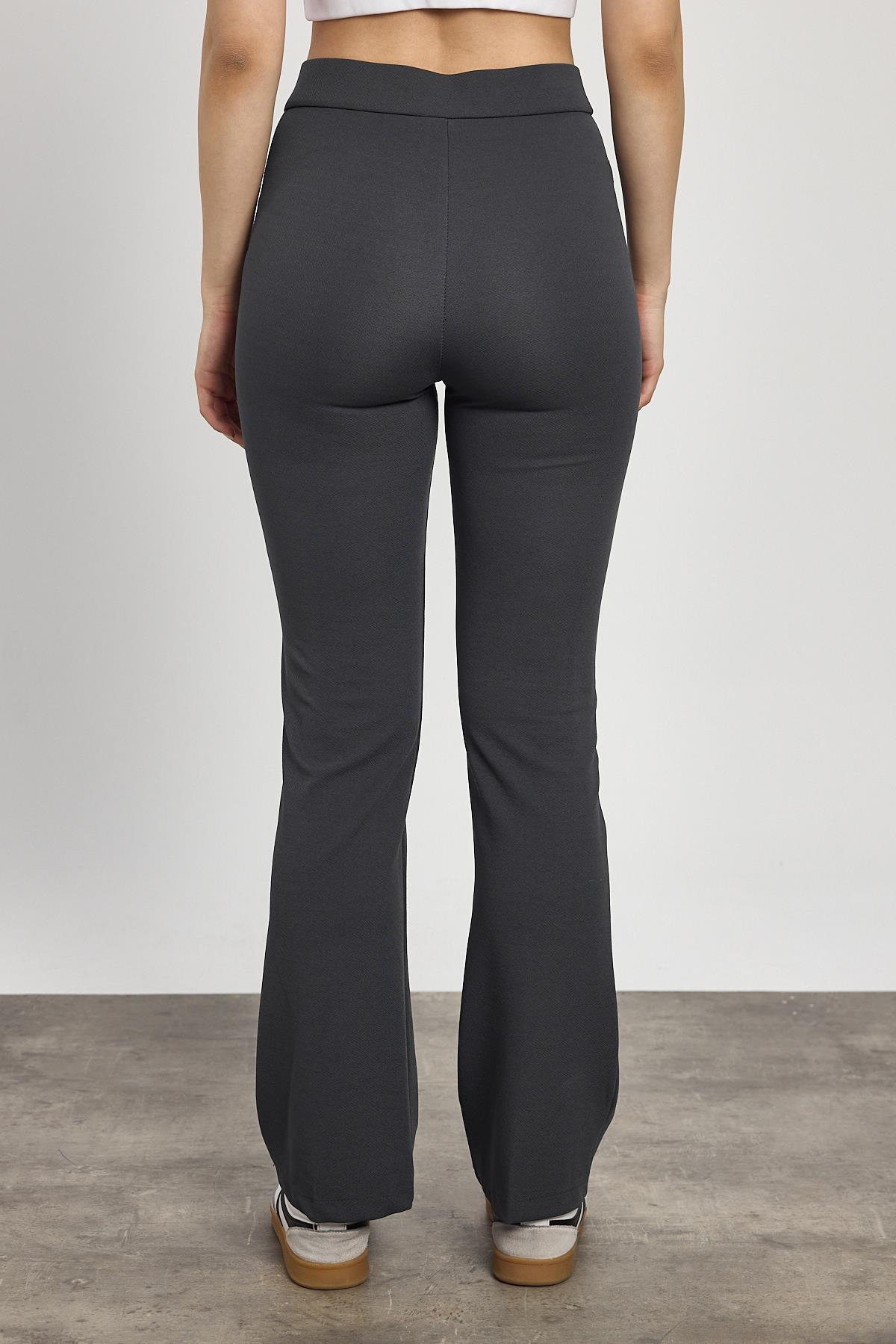 Straight/Düz Kesim Yüksek Bel Nervür Dikişli Örme Pantolon Füme - 5