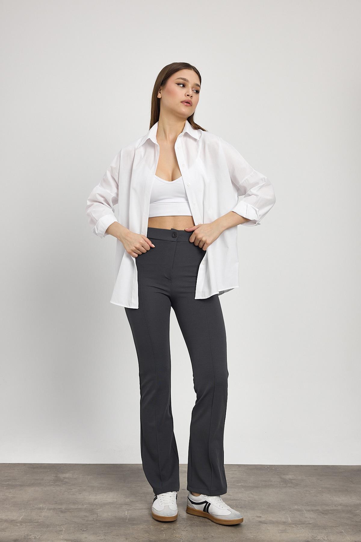 Straight/Düz Kesim Yüksek Bel Nervür Dikişli Örme Pantolon Füme - 6
