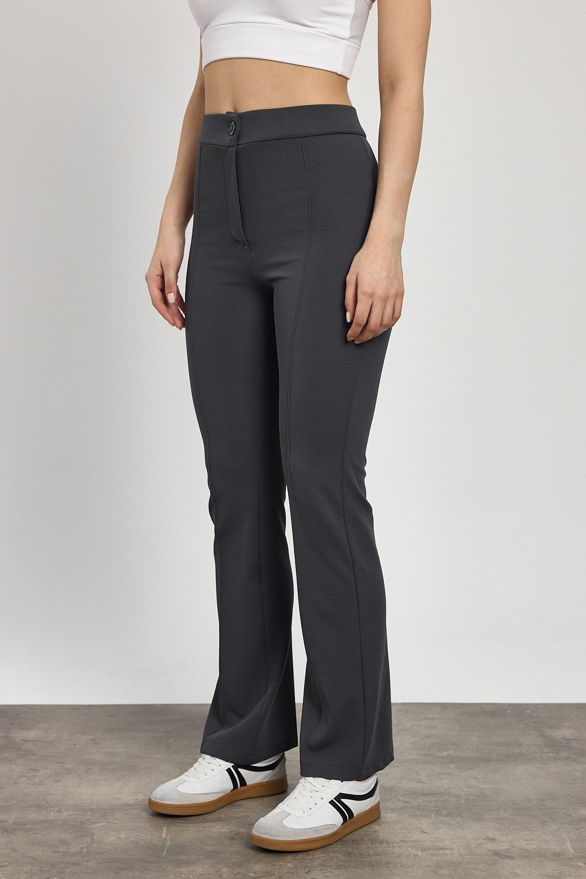 Straight/Düz Kesim Yüksek Bel Nervür Dikişli Örme Pantolon Füme - 7