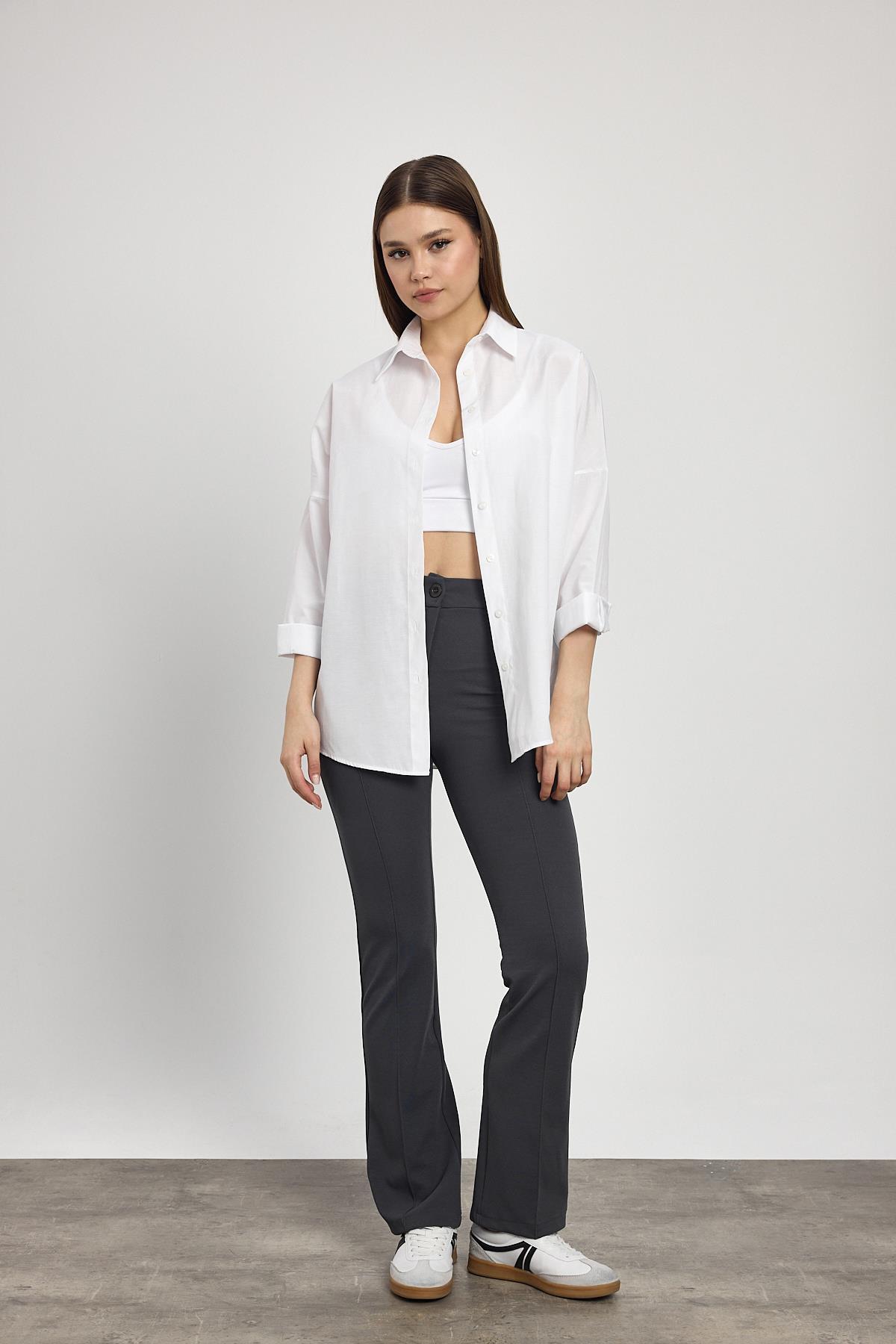 Straight/Düz Kesim Yüksek Bel Nervür Dikişli Örme Pantolon Füme - 8
