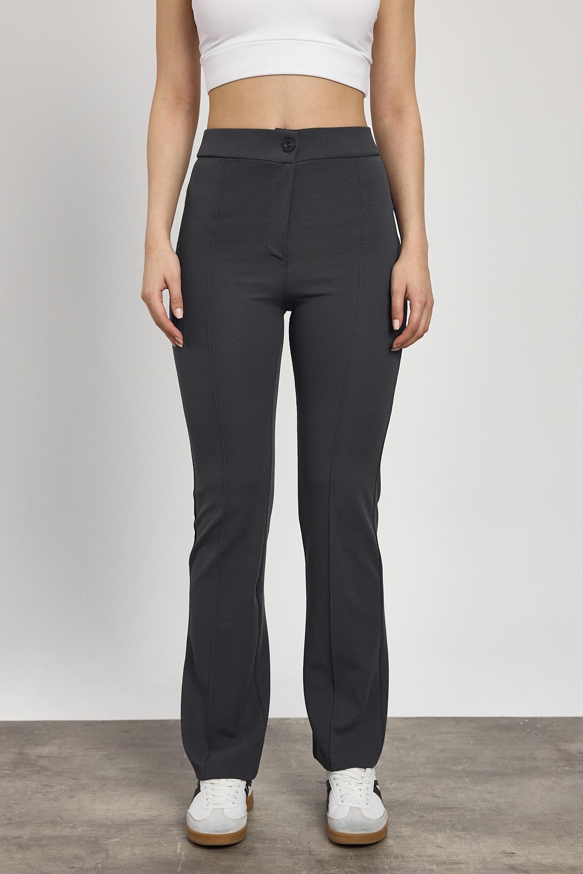 Füme Straight/Düz Kesim Yüksek Bel Nervür Dikişli Örme Pantolon 6873 - 3