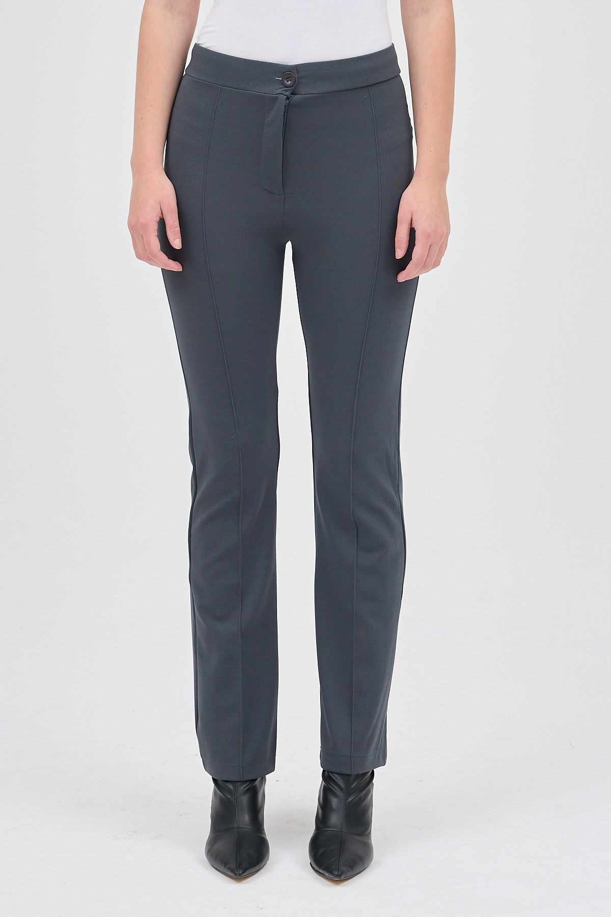 Füme Straight/Düz Kesim Yüksek Bel Nervür Dikişli Örme Pantolon TCR-6873A - RAYS