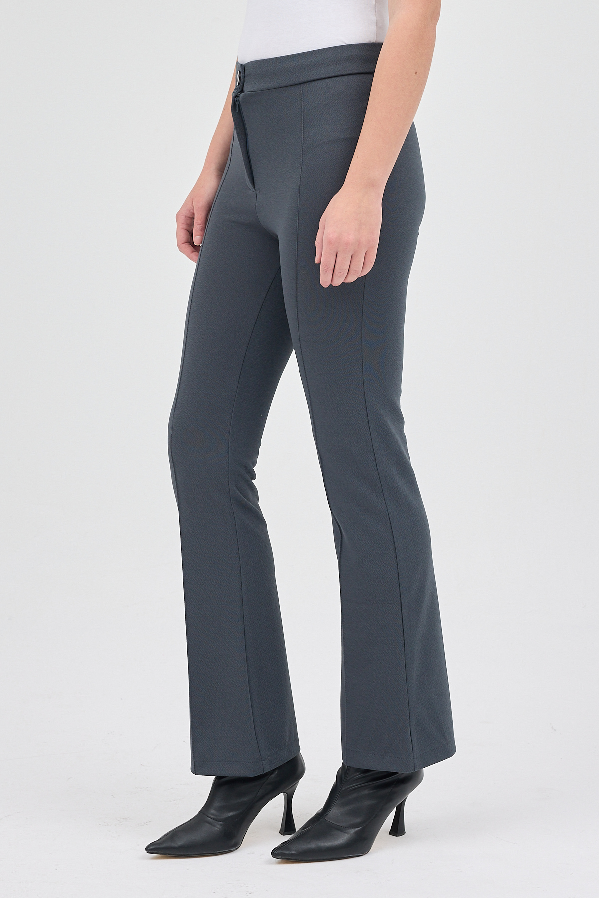 Füme Straight/Düz Kesim Yüksek Bel Nervür Dikişli Örme Pantolon TCR-6873A - RAYS