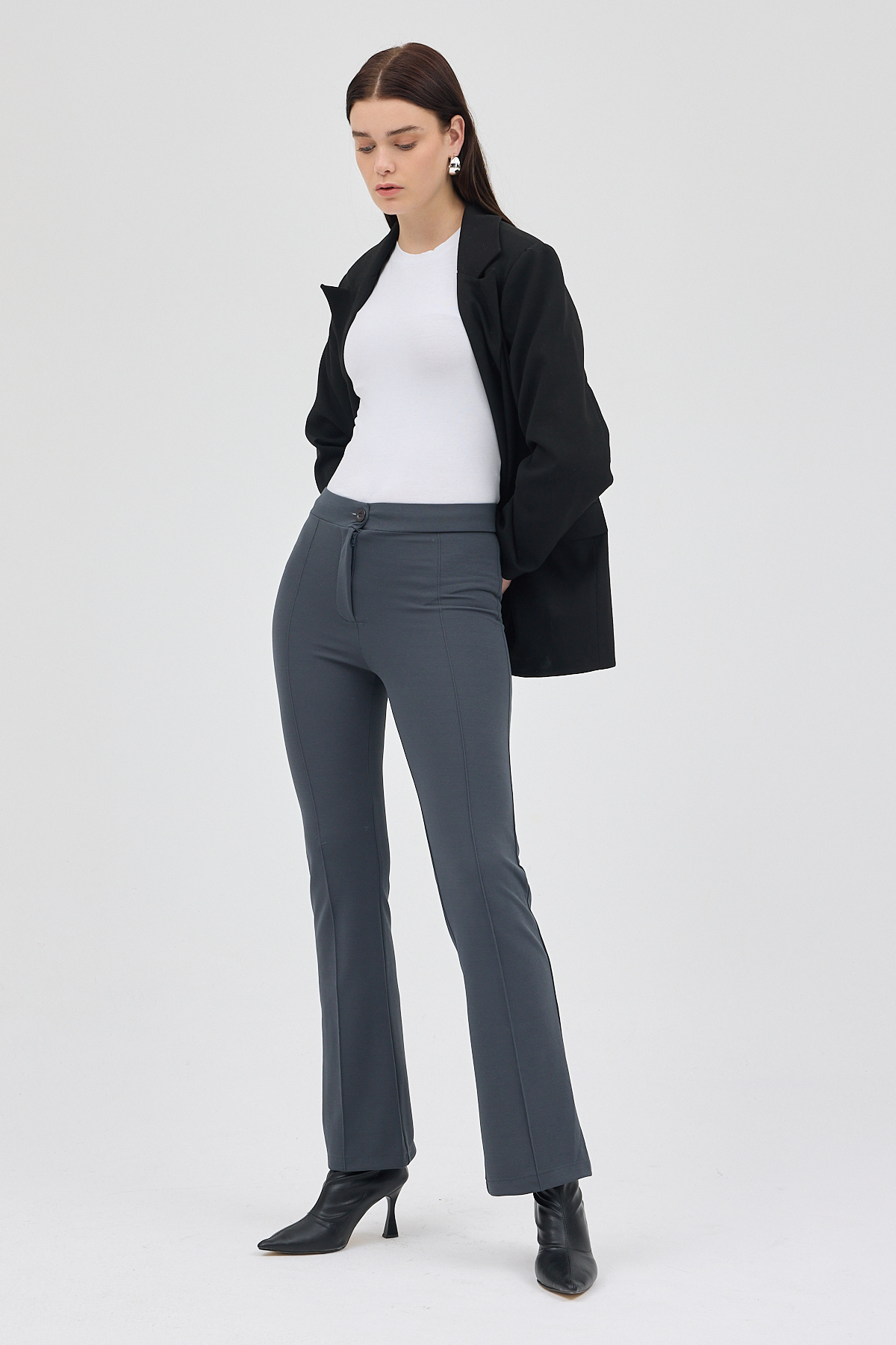 Füme Straight/Düz Kesim Yüksek Bel Nervür Dikişli Örme Pantolon TCR-6873A - RAYS