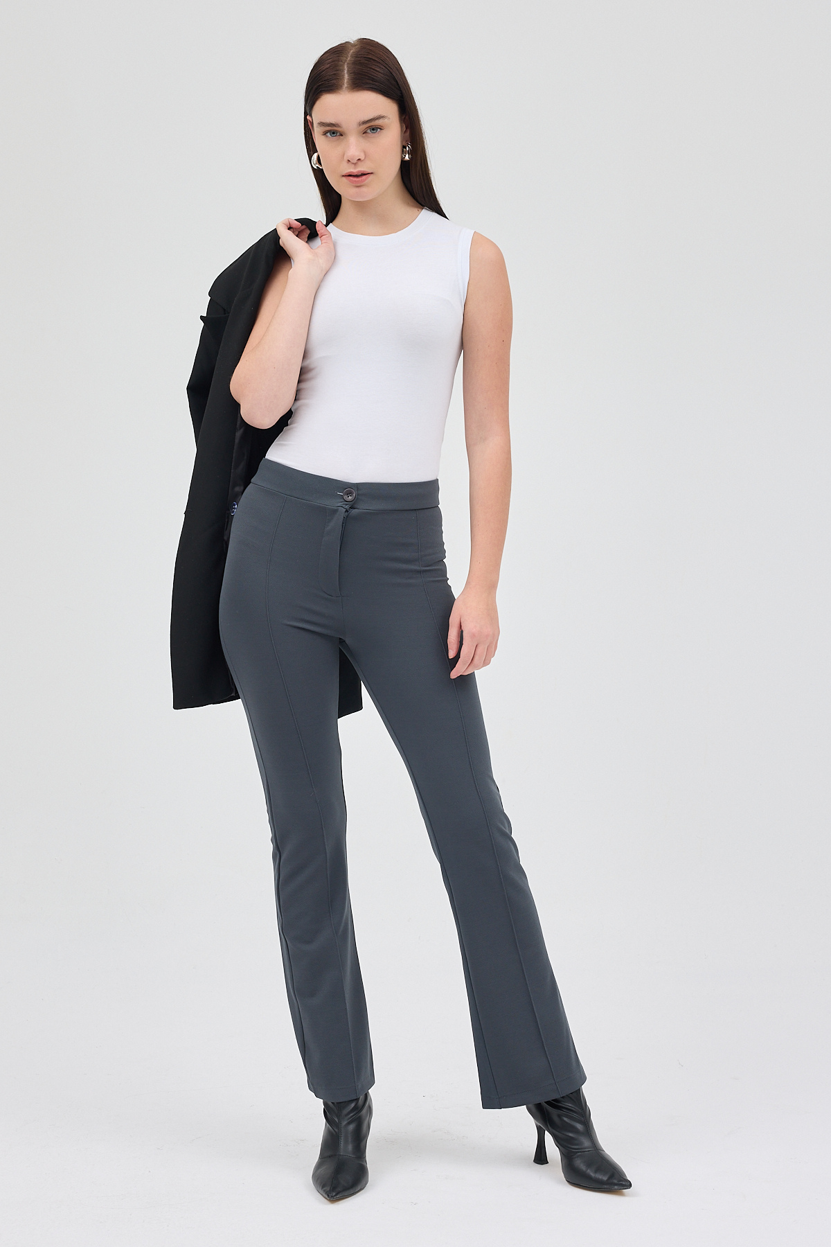 Füme Straight/Düz Kesim Yüksek Bel Nervür Dikişli Örme Pantolon TCR-6873A - 6