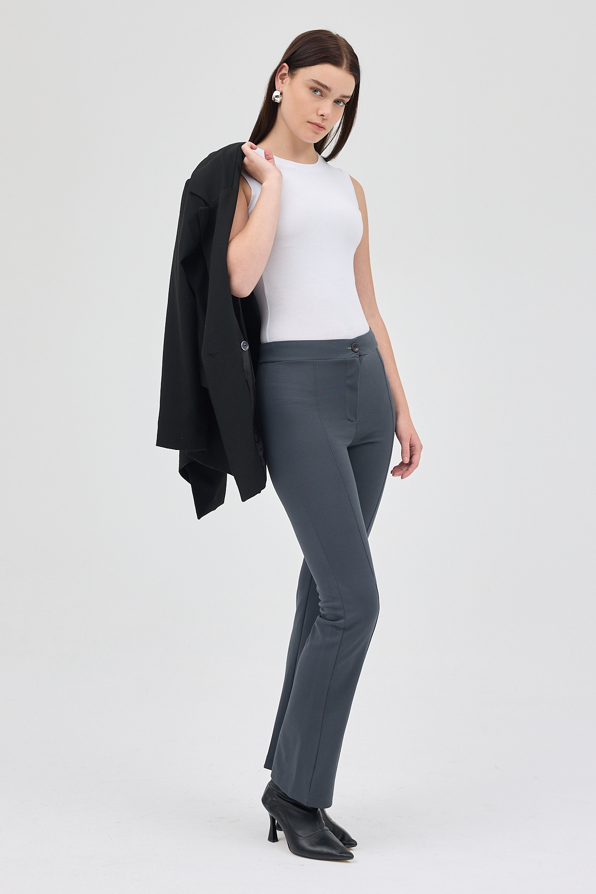 Füme Straight/Düz Kesim Yüksek Bel Nervür Dikişli Örme Pantolon TCR-6873A - 7