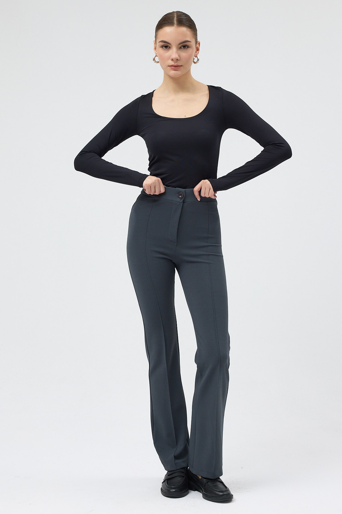 Füme Straight/Düz Kesim Yüksek Bel Nervür Dikişli Örme Pantolon TCR-6873A - 2