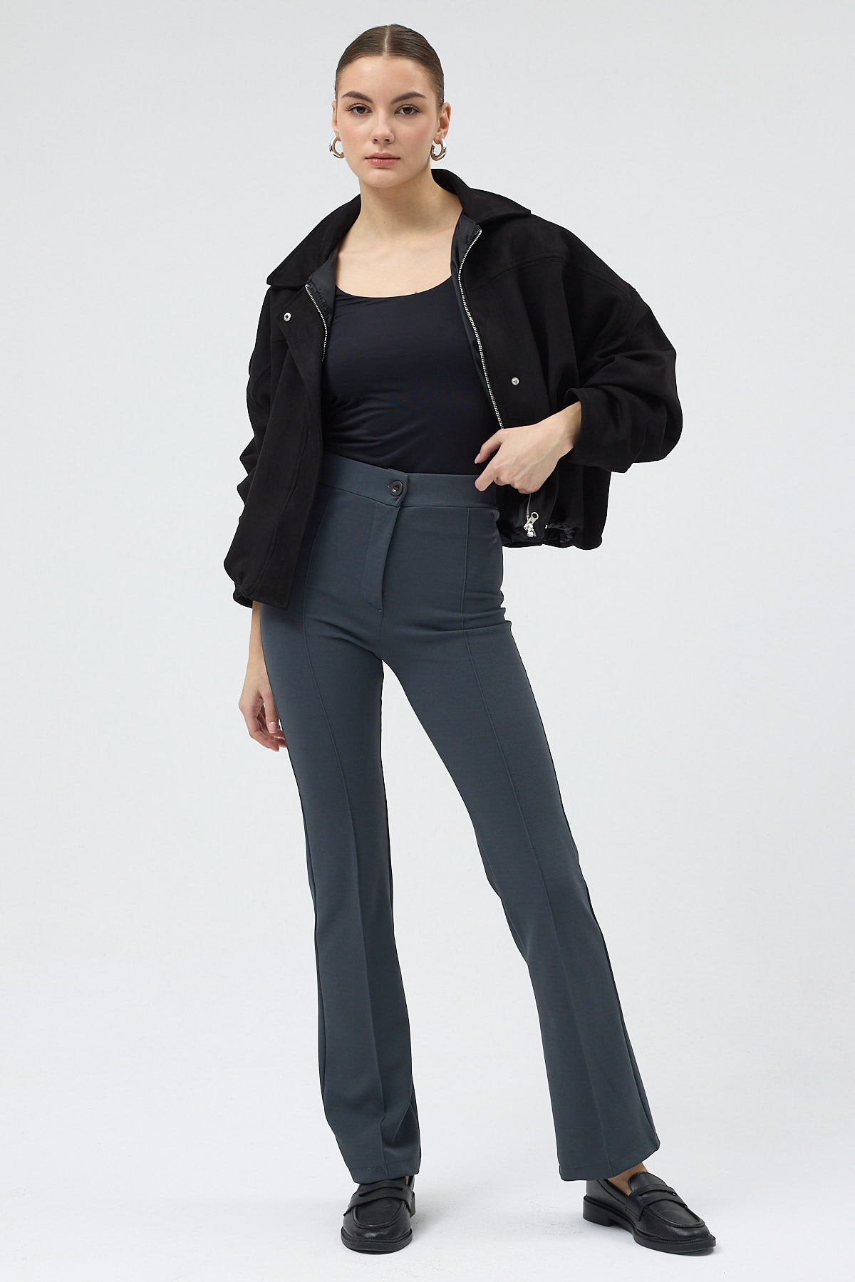 Füme Straight/Düz Kesim Yüksek Bel Nervür Dikişli Örme Pantolon TCR-6873A - 1