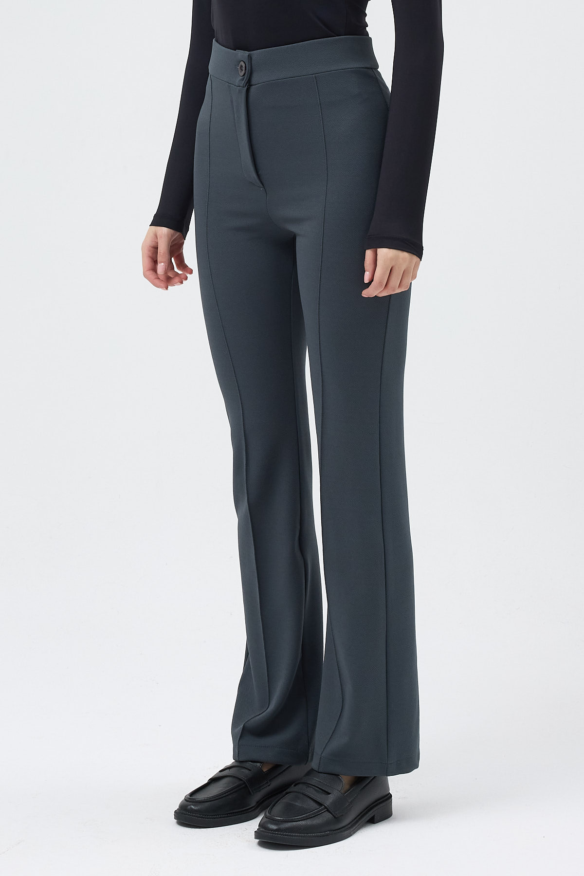 Füme Straight/Düz Kesim Yüksek Bel Nervür Dikişli Örme Pantolon TCR-6873A - 3