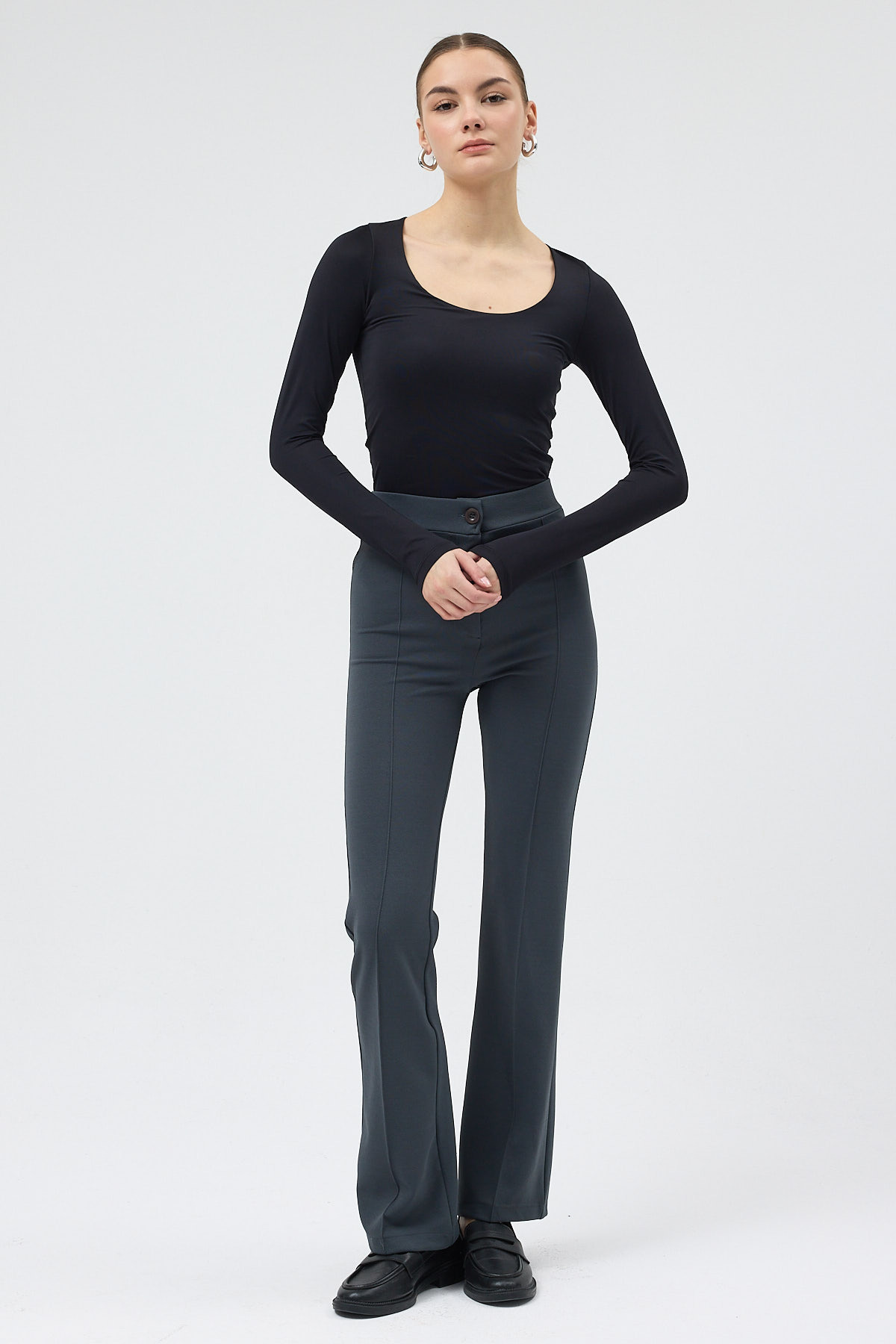 Füme Straight/Düz Kesim Yüksek Bel Nervür Dikişli Örme Pantolon TCR-6873A - 6