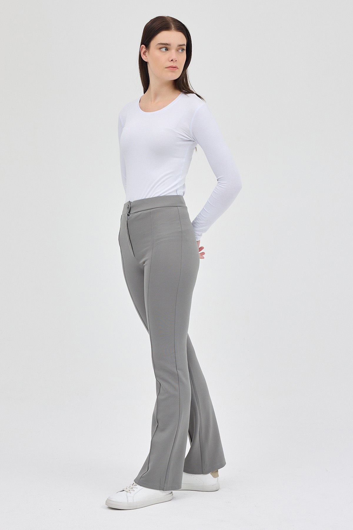Gri Straight/Düz Kesim Yüksek Bel Nervür Dikişli Örme Pantolon TCR-6873A 