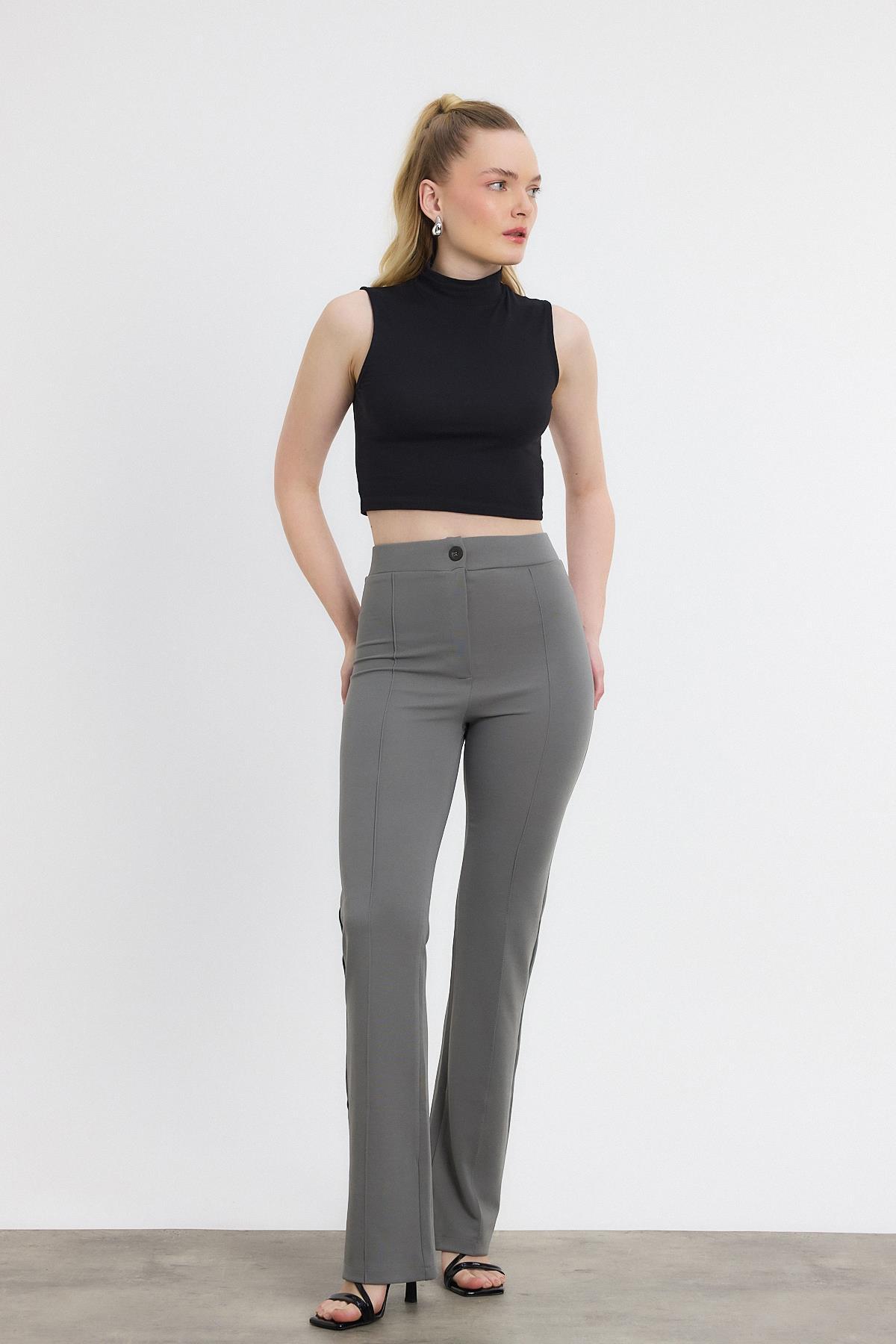 Straight/Düz Kesim Yüksek Bel Nervür Dikişli Örme Pantolon Gri 