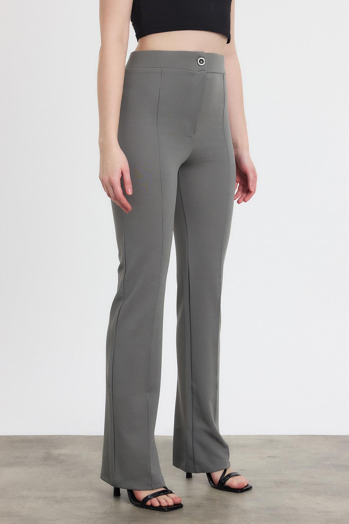 Straight/Düz Kesim Yüksek Bel Nervür Dikişli Örme Pantolon Gri - 3