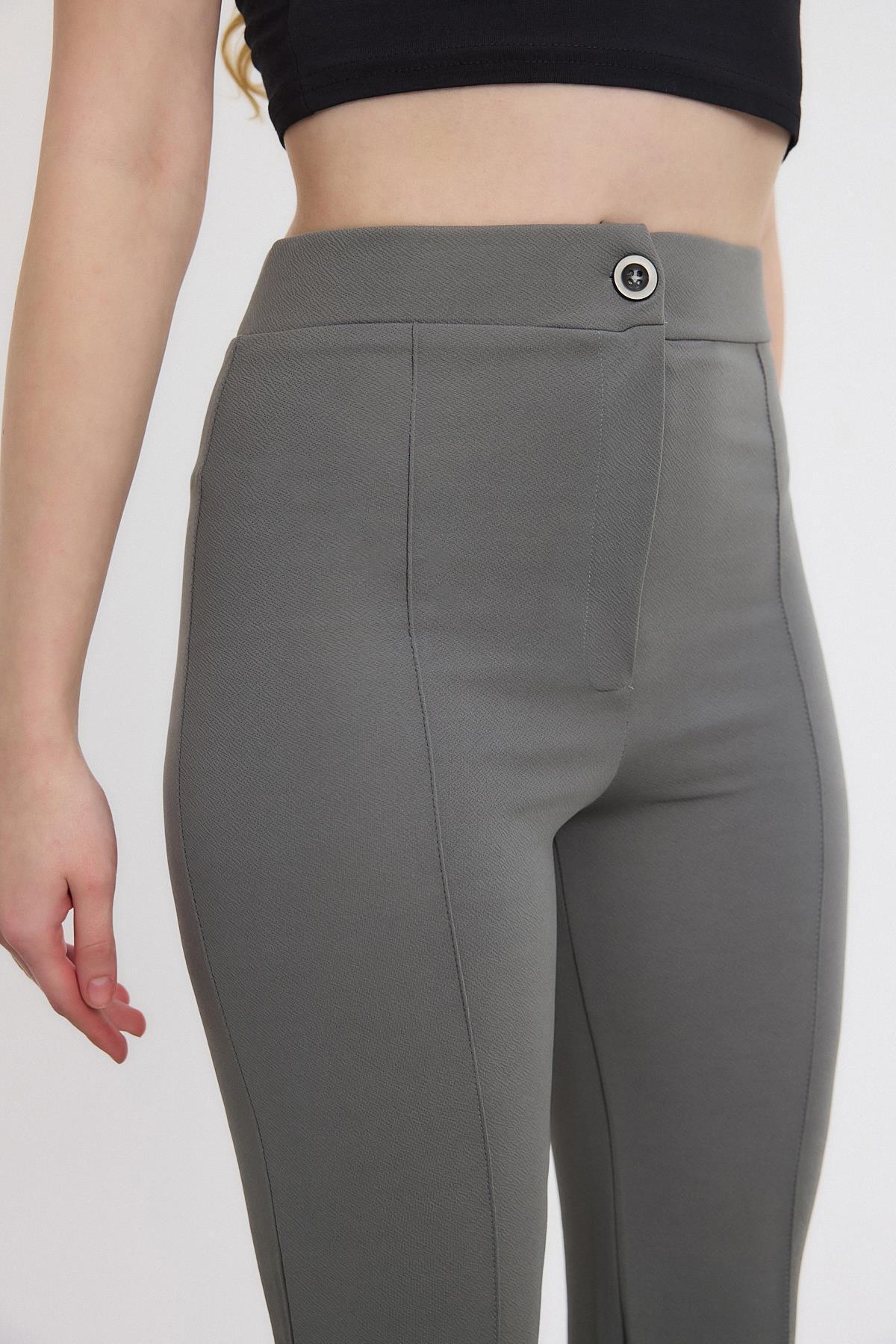 Straight/Düz Kesim Yüksek Bel Nervür Dikişli Örme Pantolon Gri - 4