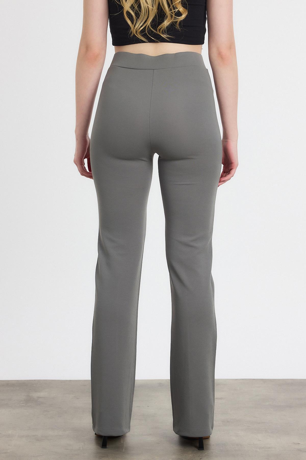 Straight/Düz Kesim Yüksek Bel Nervür Dikişli Örme Pantolon Gri - 5