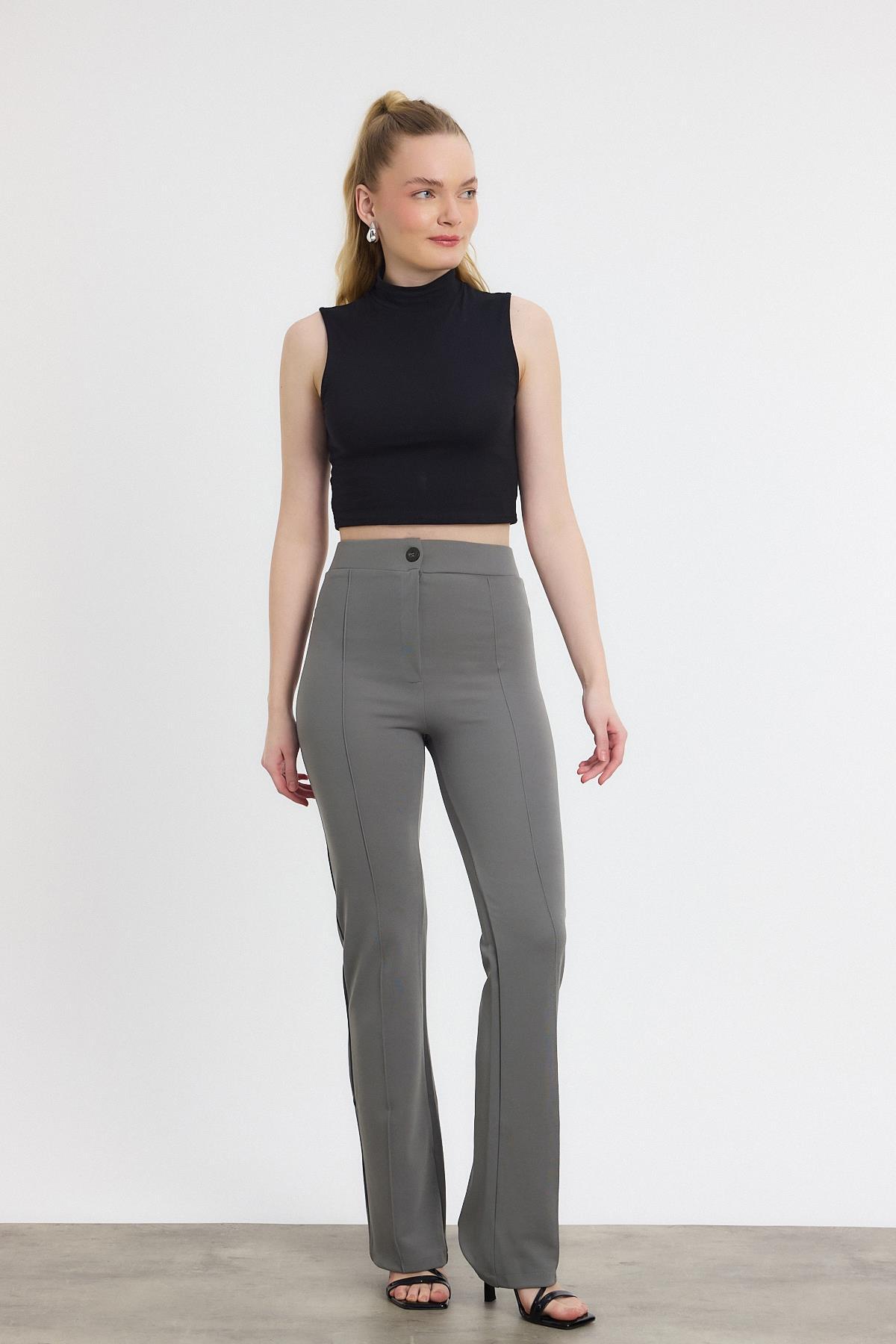 Straight/Düz Kesim Yüksek Bel Nervür Dikişli Örme Pantolon Gri - 6
