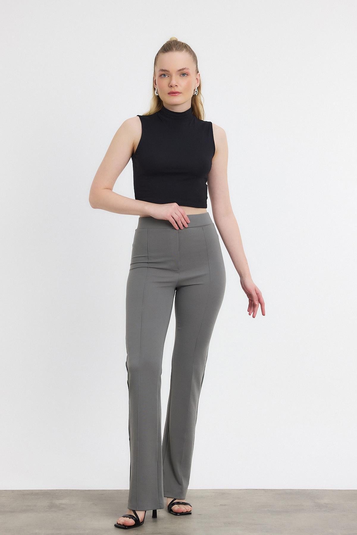 Straight/Düz Kesim Yüksek Bel Nervür Dikişli Örme Pantolon Gri - 7