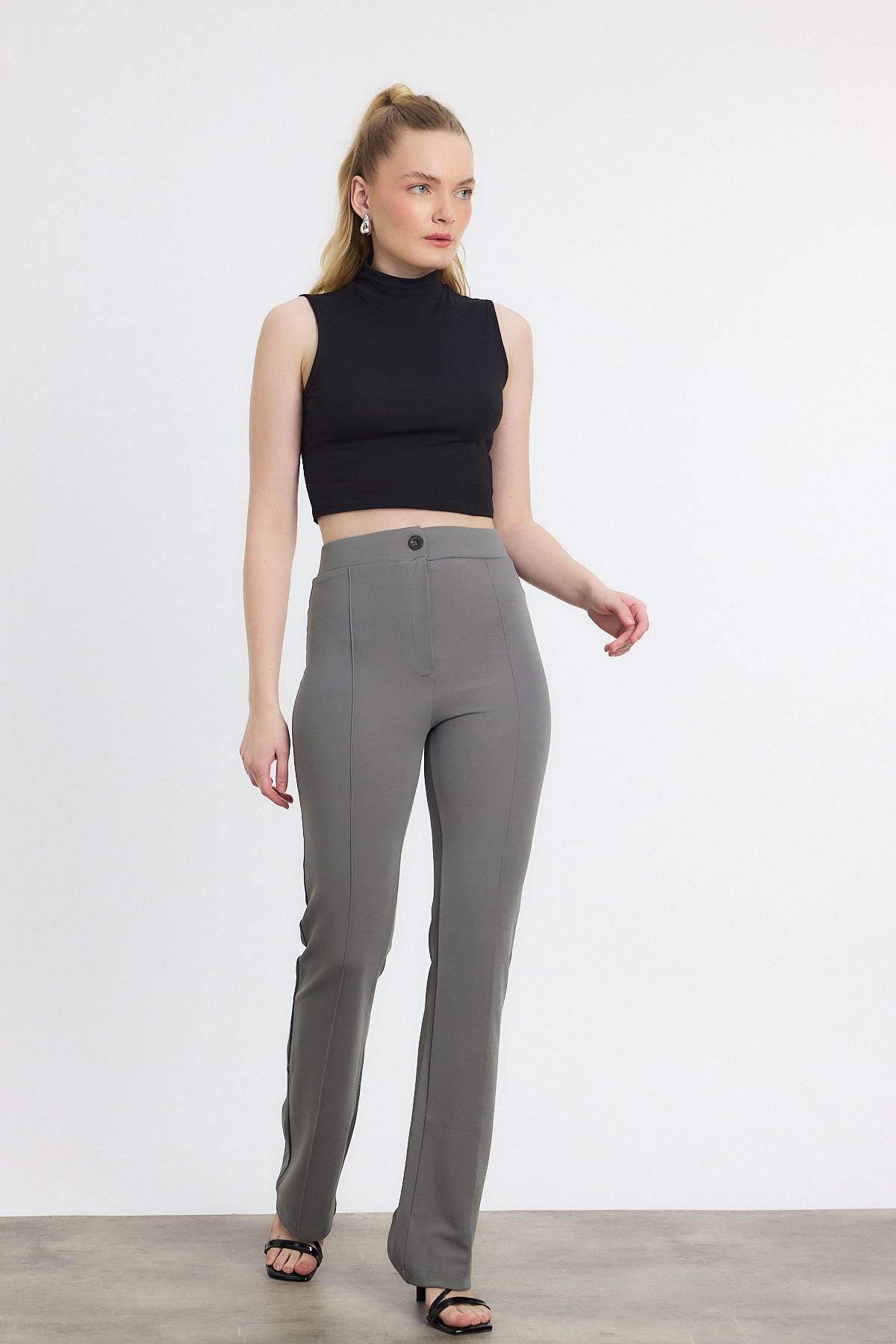 Straight/Düz Kesim Yüksek Bel Nervür Dikişli Örme Pantolon Gri - 8