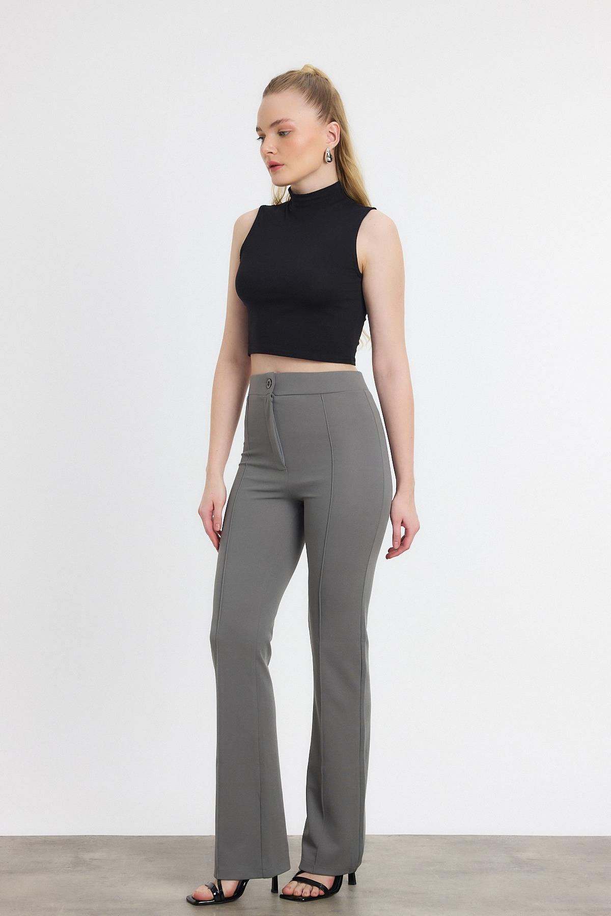 Gri Straight/Düz Kesim Yüksek Bel Nervür Dikişli Örme Pantolon 6873 - 2