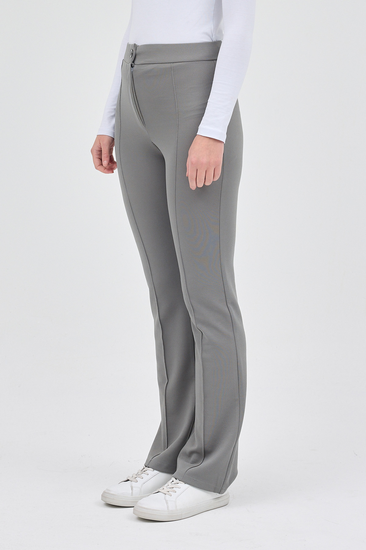 Gri Straight/Düz Kesim Yüksek Bel Nervür Dikişli Örme Pantolon TCR-6873A - RAYS