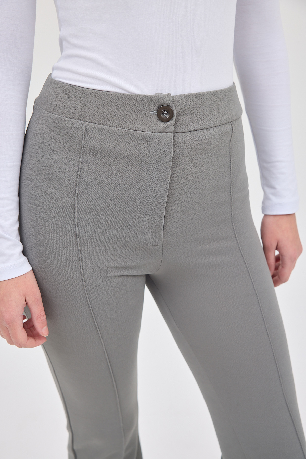 Gri Straight/Düz Kesim Yüksek Bel Nervür Dikişli Örme Pantolon TCR-6873A - 4