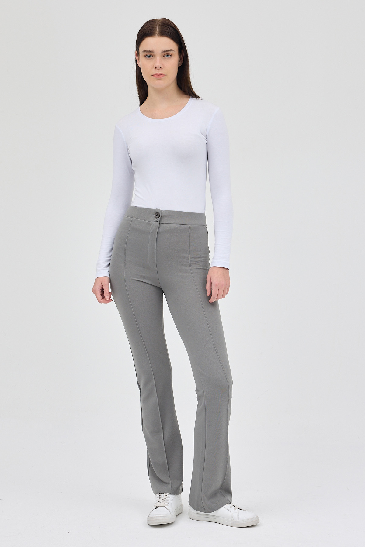 Gri Straight/Düz Kesim Yüksek Bel Nervür Dikişli Örme Pantolon TCR-6873A - 6