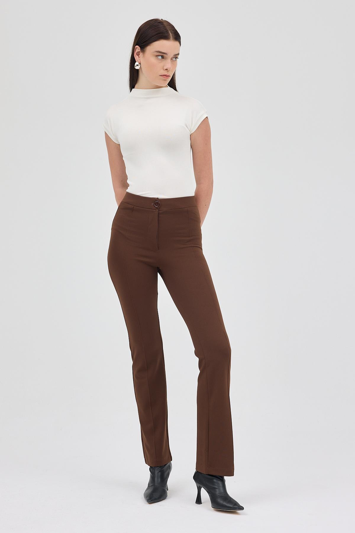 Kahve Straight/Düz Kesim Yüksek Bel Nervür Dikişli Örme Pantolon TCR-6873A 