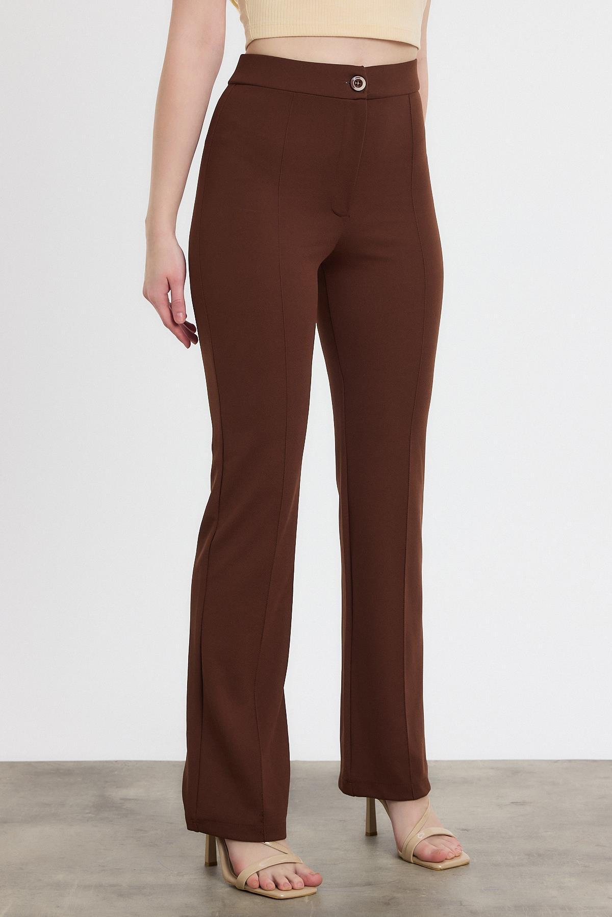 Straight/Düz Kesim Yüksek Bel Nervür Dikişli Örme Pantolon Kahve - 2