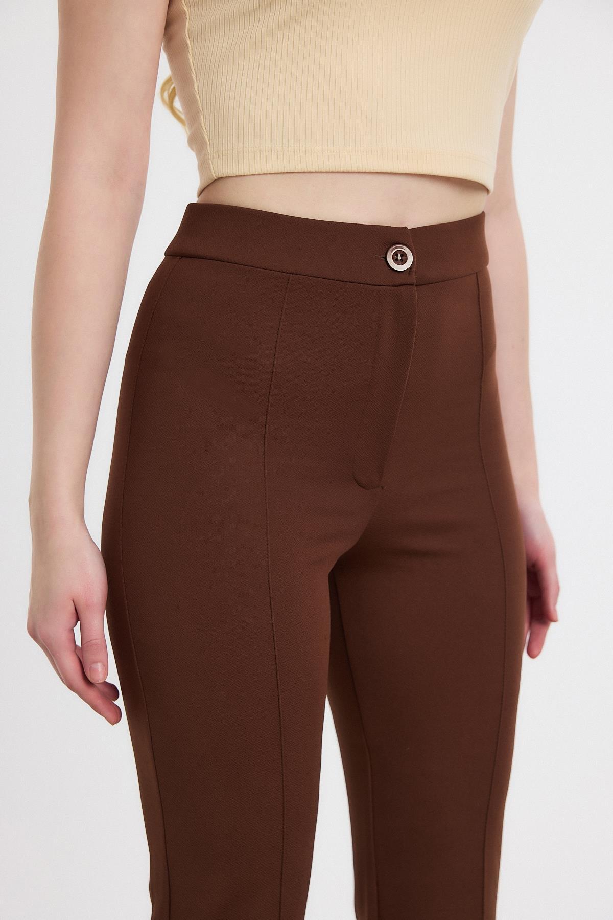 Straight/Düz Kesim Yüksek Bel Nervür Dikişli Örme Pantolon Kahve - 4
