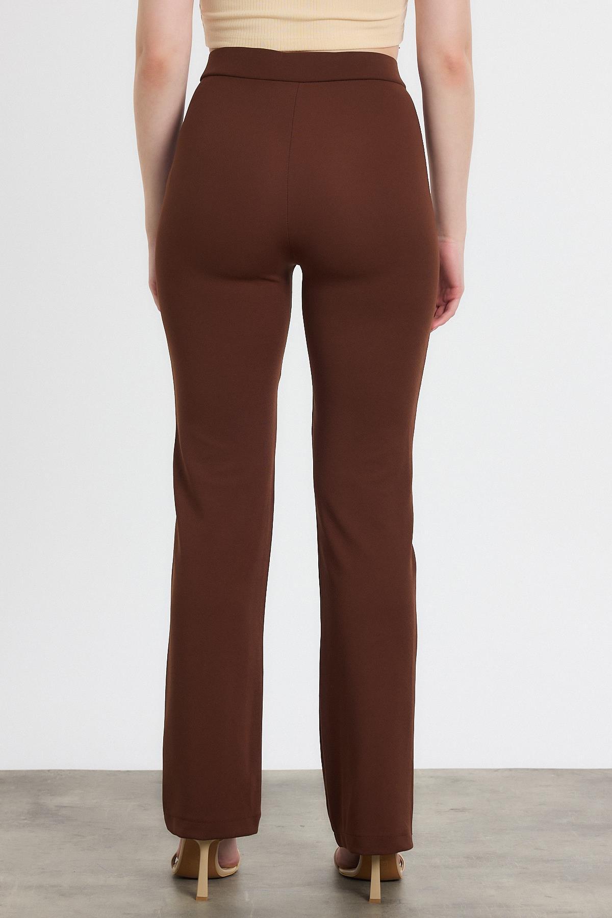 Straight/Düz Kesim Yüksek Bel Nervür Dikişli Örme Pantolon Kahve - 5