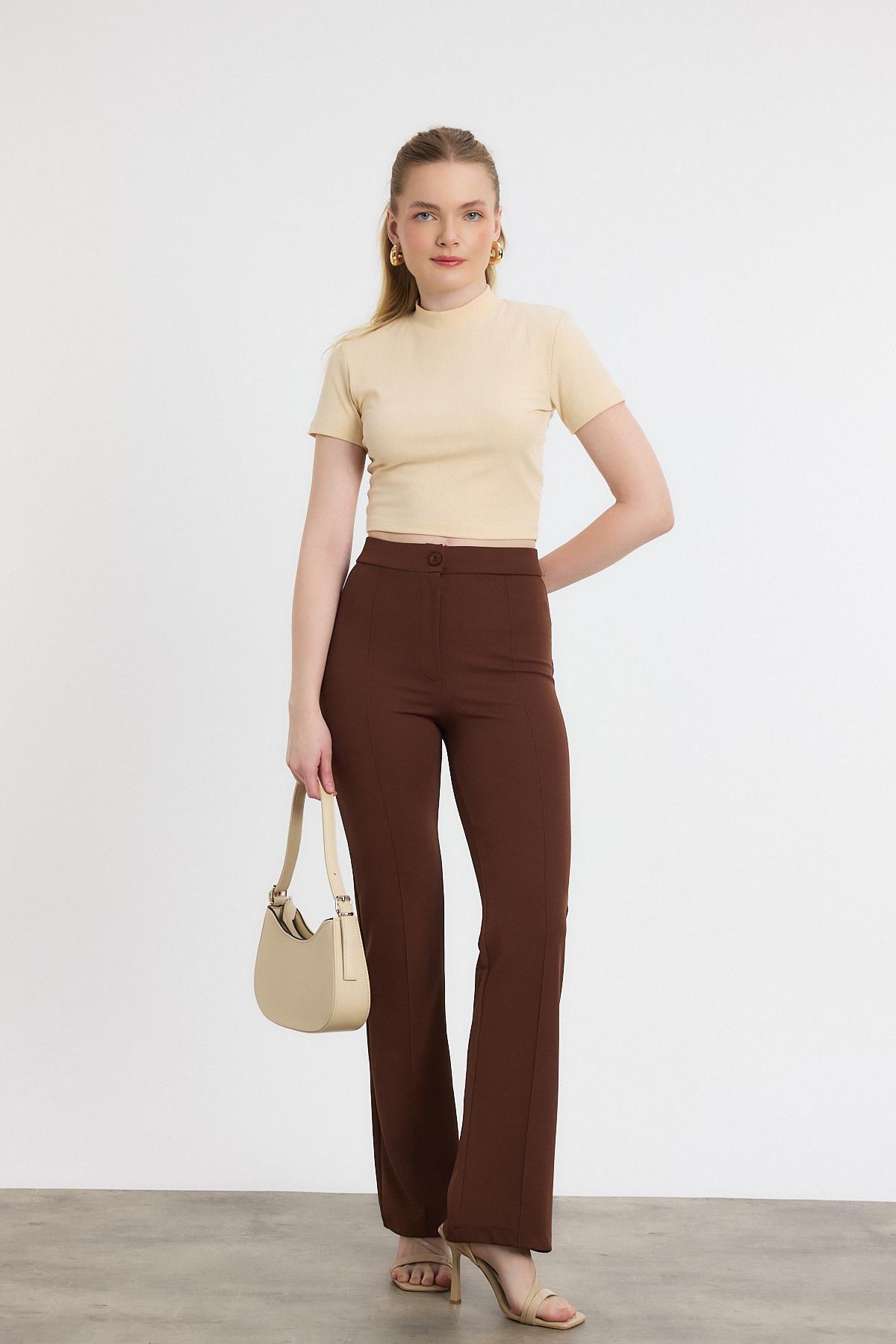 Straight/Düz Kesim Yüksek Bel Nervür Dikişli Örme Pantolon Kahve - 3
