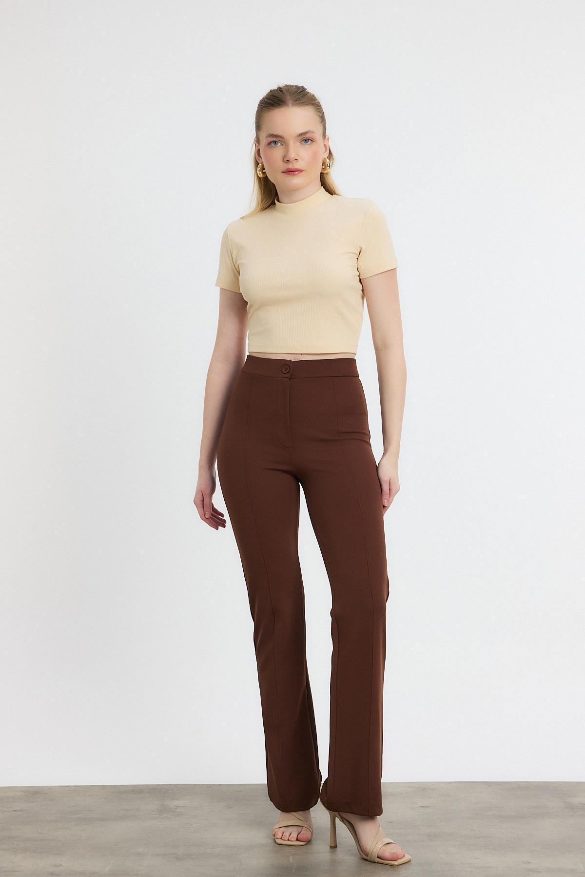 Straight/Düz Kesim Yüksek Bel Nervür Dikişli Örme Pantolon Kahve - 6